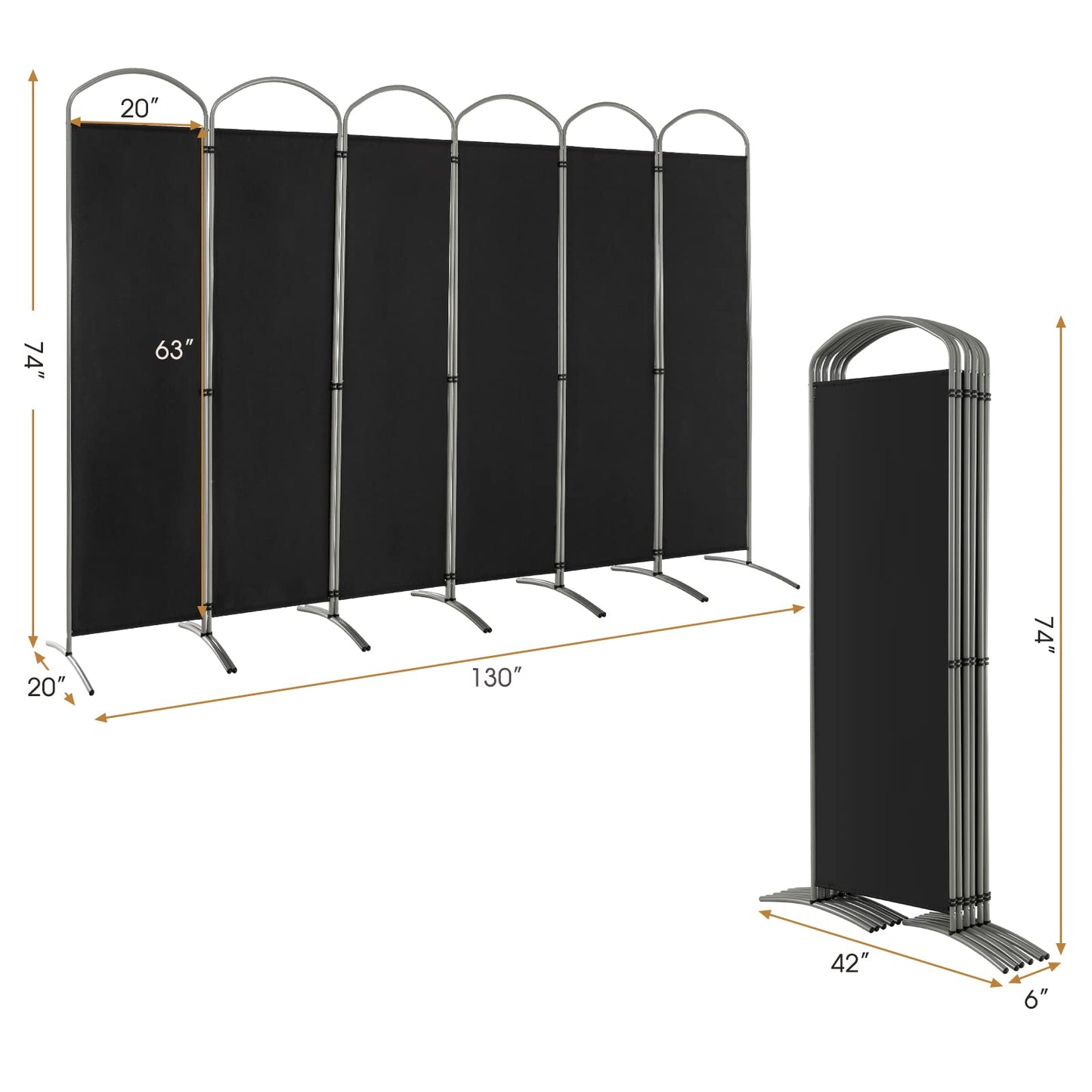 Giantex 6.2Ft Folding 6-Panel Room Divider Black- 130" Wide Freestanding Foldable Fabric Privacy Screen, Lightweight Portable Partition Wall Divider and Separator for Home Office, Apartment, Studio