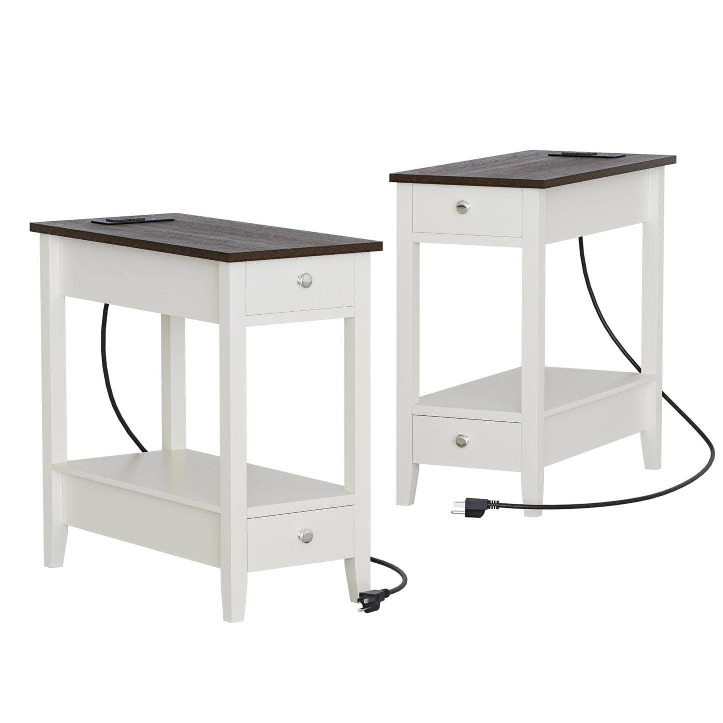 Treocho Farmhouse End Tables Living Room Set of 2, Narrow Side Table with Charging Station, Soft White Table Bedside Sofa for Small Spaces, Living Room, Bedroom