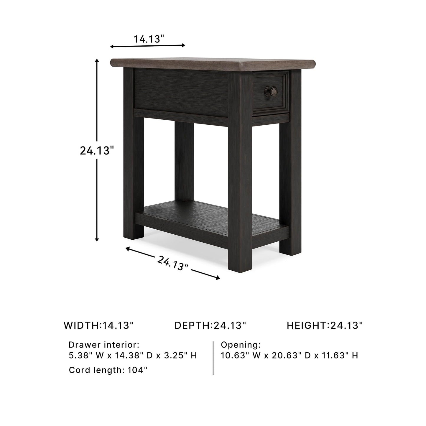 Signature Design by Ashley Narrow Side Table with Charging Station, Tyler Creek Chairside End Table, Wood, Smooth-Gliding Storage Drawer, Living Room Furniture, Grayish Brown/Black
