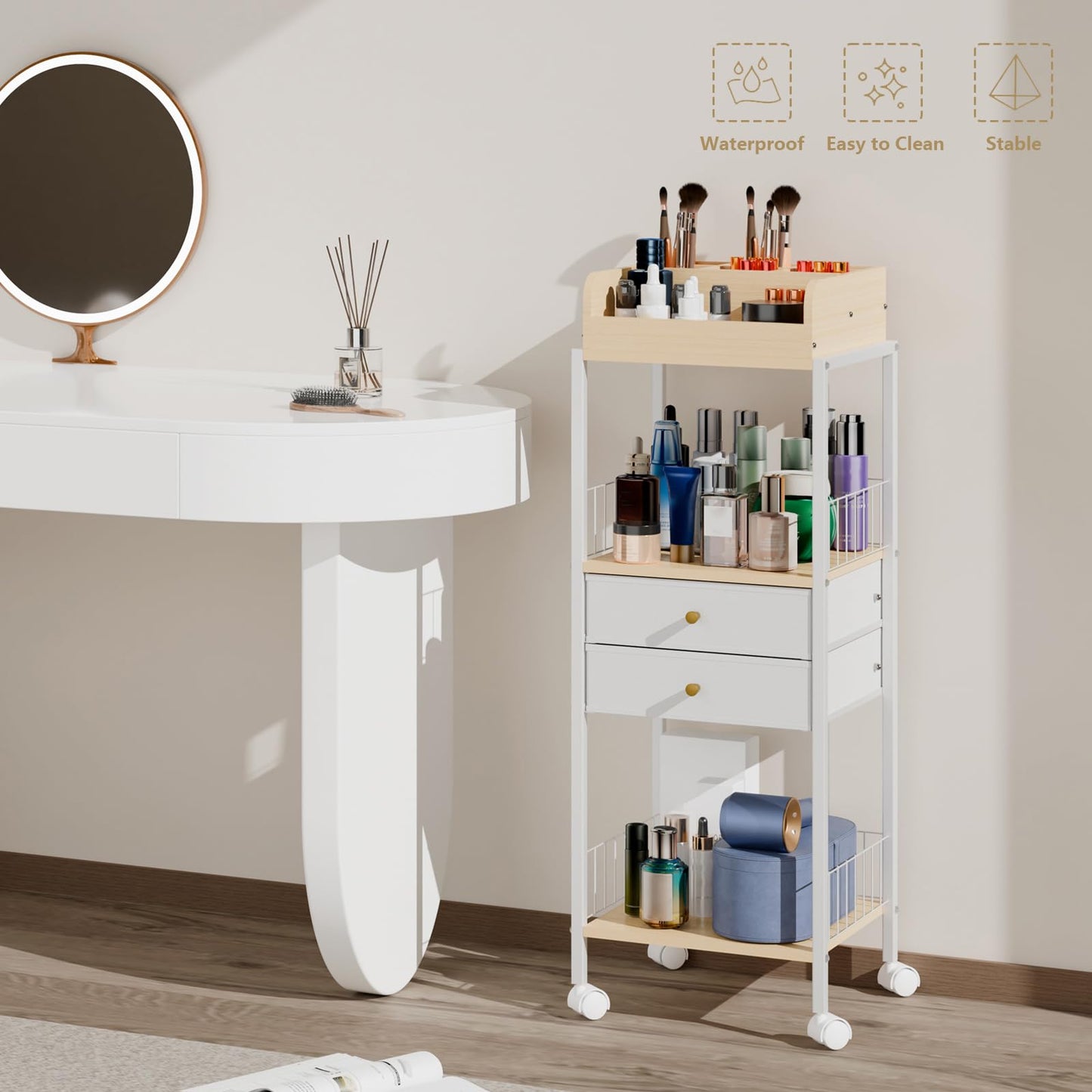 Makeup Organizer Cart Shelf Floor Skincare Organizers Make Up and Station Storage Cabinet For Vanity Standing Cosmetics With Drawers and Wheels For Nail Polish Perfume Hair Tool Holder Beauty(White)