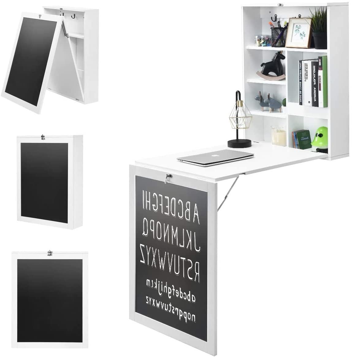 GRAFFY Wall Mounted Folding Desk, Floating Desk with Chalkboard, Multi-Function Wall Mounted Table with Storage Shelves & Hooks, Computer Desk Laptop Workstation Home Office (White)