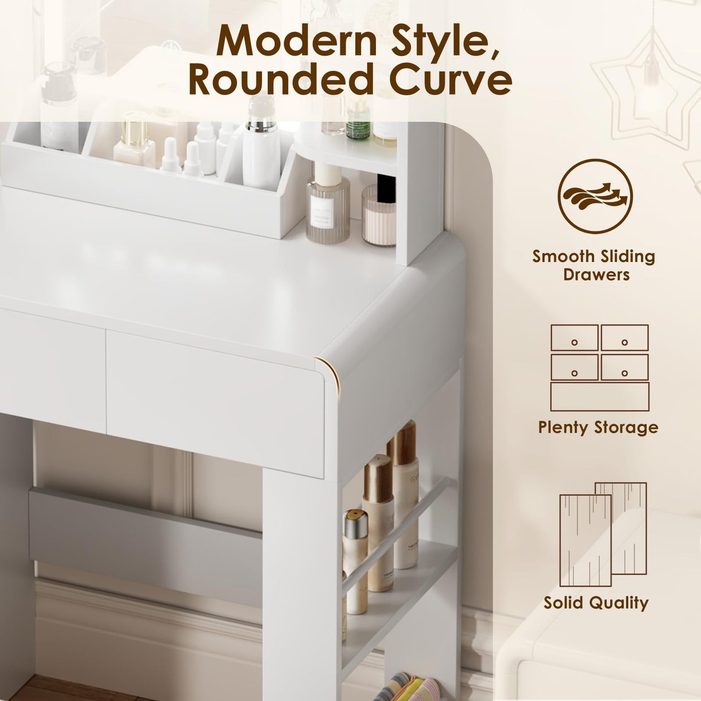 JanflyHome Vanity, Small Vanity Desk with Mirror and Lights, Side Shelf Storage Space, Compact Girls Dressing Table in Bedroom, Modern Round Curved Design, White