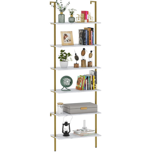 Wolawu Ladder Shelf 6 Tiers Marble White Modern Bookshelf Open Tall Wall Mount Bookcase Standing Leaning Wall Shelves Industrial Decorative Living Room Bed Room