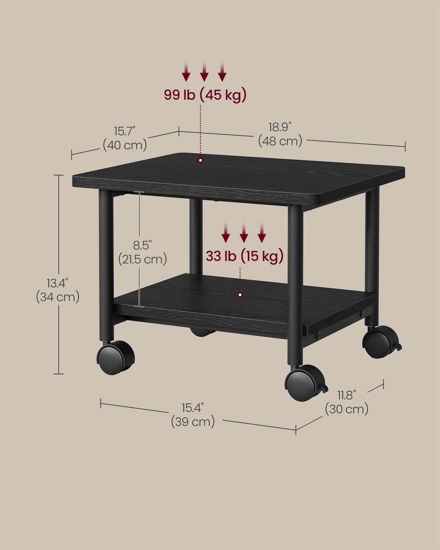 VASAGLE Printer Stand with Locking Wheels, Industrial Mobile Cart, Under Desk Printer Table for Home Office, 18.9 x 15.7 x 13.4 Inches, Storage Shelf, 2-Tier, Ebony Black