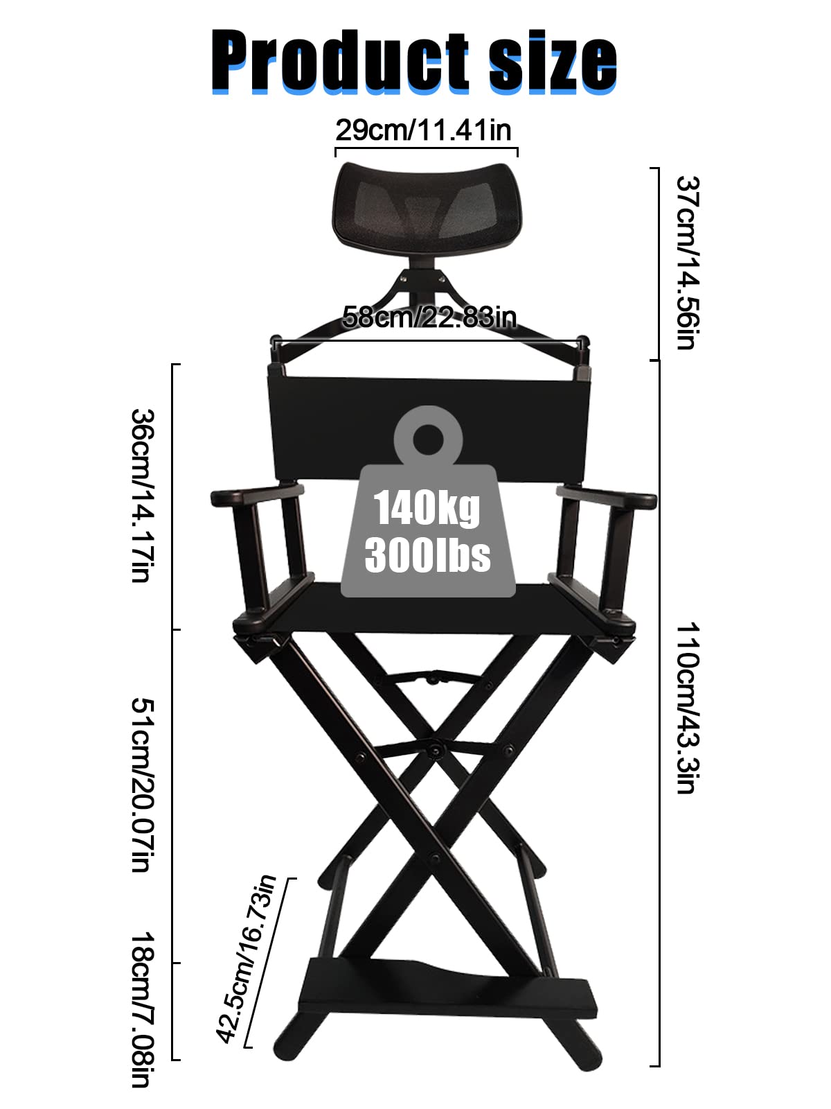 Lorvain Folable Makeup Artist Stool, Portable Tall Folding Director's Chair, Aluminum Makeup Chair with Head Rest for Studio Salon Vanity, Bar Height - Black