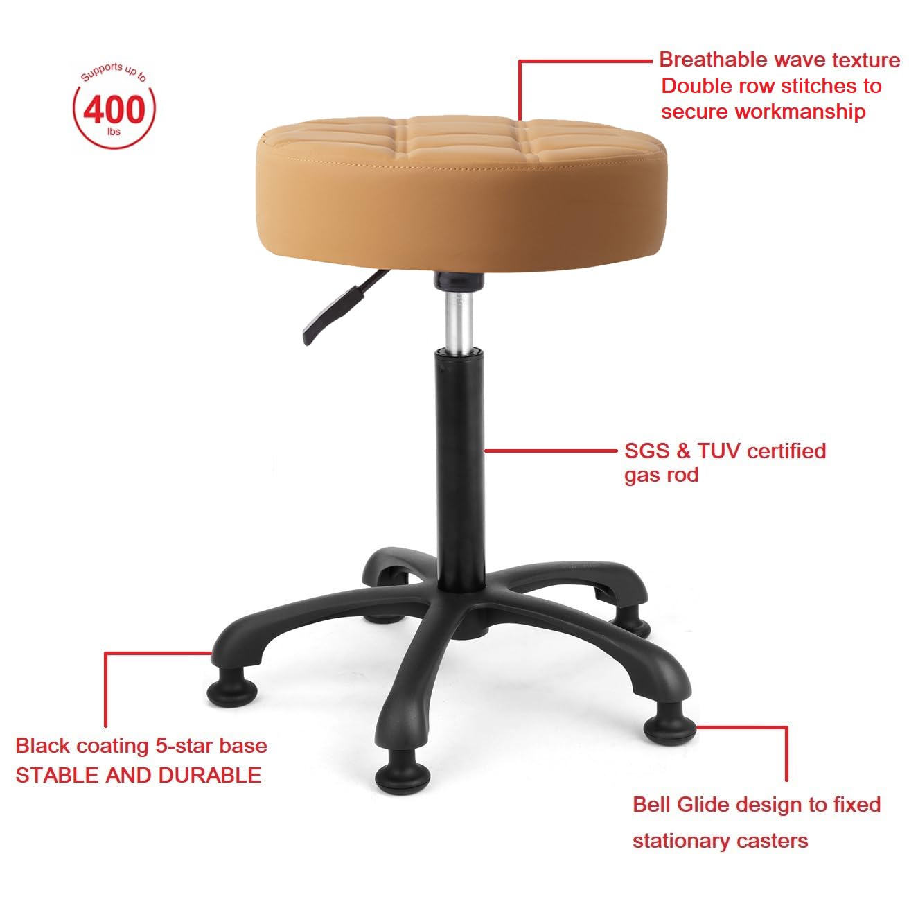 McDooFly Height Adjustable Heavy Duty Stools Salon Stool Chair with Bell Glides for Home Bar Kitchen Office Shop Tattoo Lash Tech Pedicure (Camel with Bell Glides, Height 22 to 30 in)