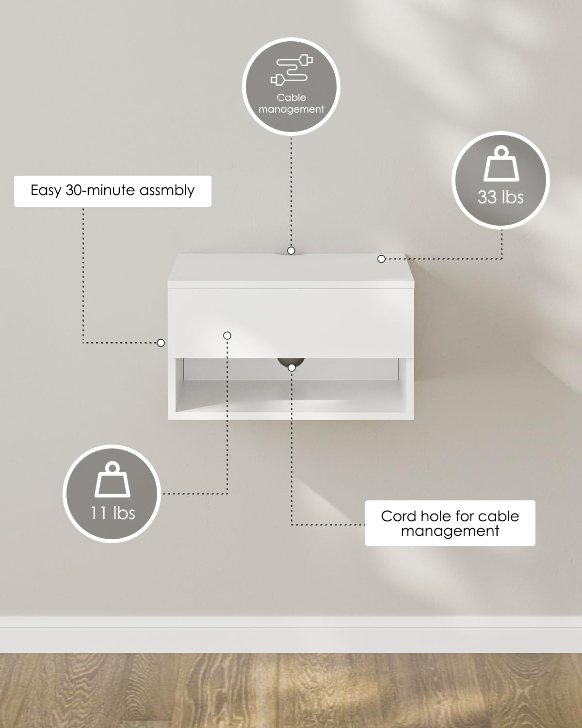 Floating Nightstand, Small Modern Floating Nightstand with Drawer, Floating Shelves for Bedroom, Bathroom (White)