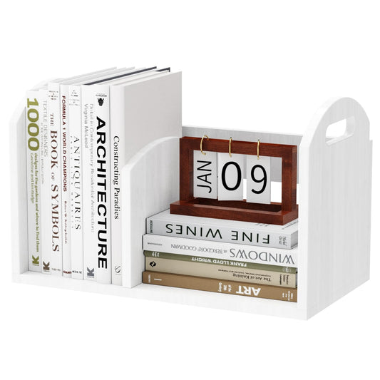 100% Solid Wood Adjustable Desktop Bookshelf, Retro Tabletop Book Shelf File Holder, Vertical Bookshelf Divider Desk Shelf for Home School Office Organization, Perfect for Books Magazine (White)