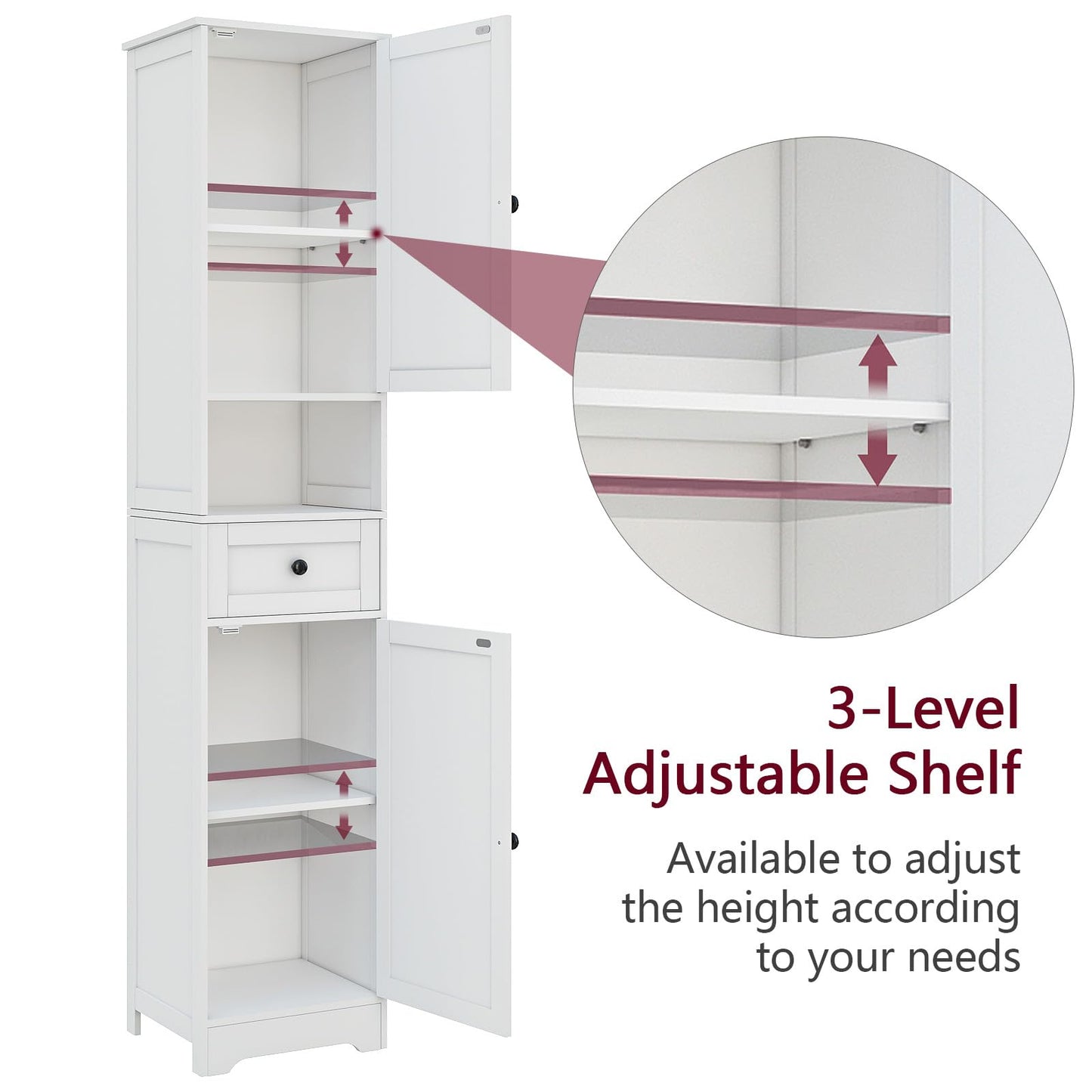 Hogxp Tall Bathroom Cabinet,Storage Cabinet with 5 Shelves & 1 Drawer, with Adjustable Shelve, for Bathroom, Kitchen, Entryway, Living Room(White)