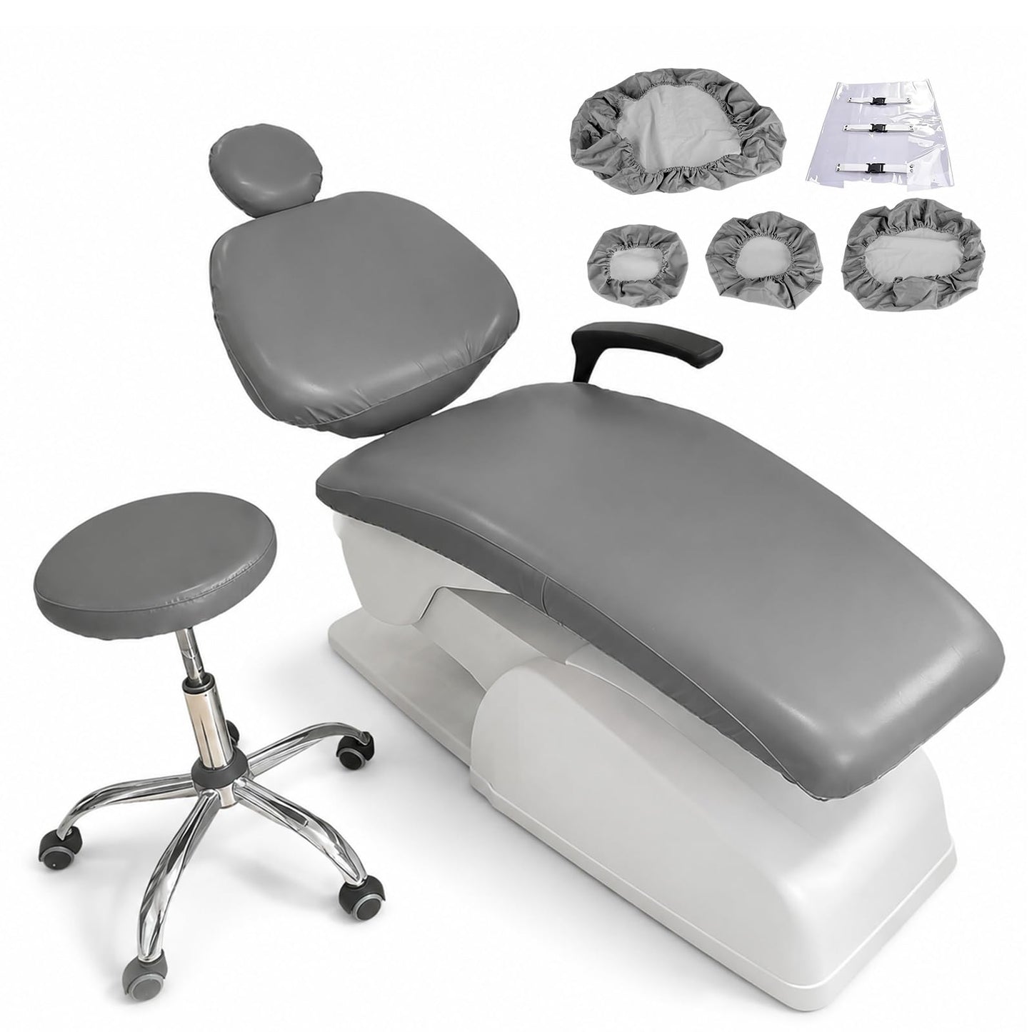 buyzg 5Pcs Dental Chair Covers Set - Waterproof & Non-Slip PU Leather Elastic Full Covers with Foot, Seat, Headrest & Backrest Protectors for Dental Clinic Chairs(Gray)