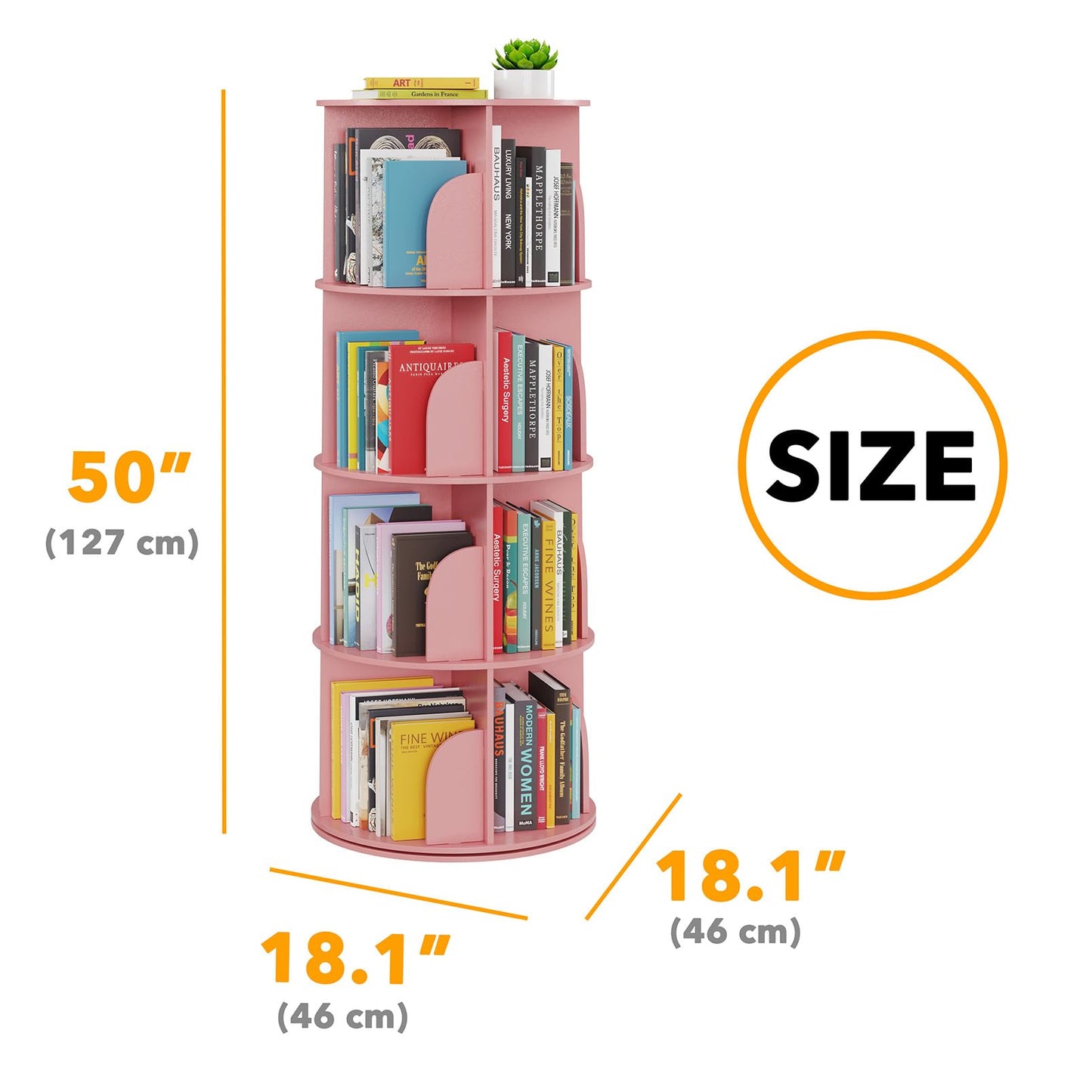 SpaceAid 4 Tier Rotating Bookshelf Tower, Spinning Bookcase Lazy Susan, Revolving 360 Book Shelf Storage Round Carousel, Vertical Rotate Turning Spiral Corner Organizer, Pink
