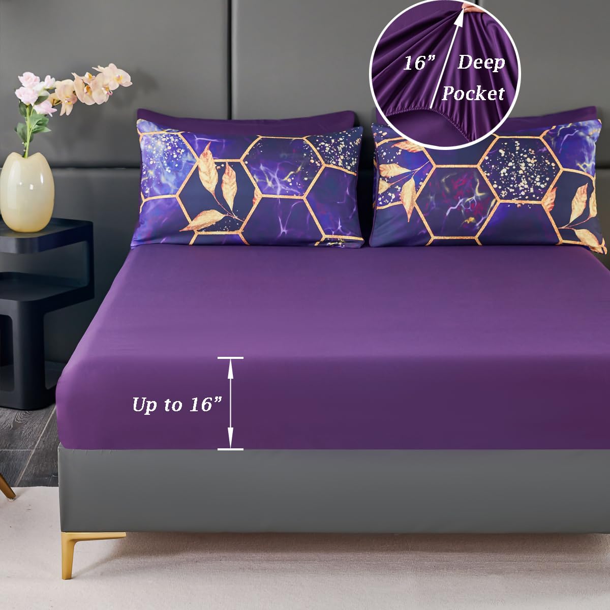 ZRNBAST 7 PC Honeycomb Purple Comforter Set with Sheets King Size Marble Comforter Bedding Sets Modern All Season Bed in a Bag for Women Men (Purple, King)