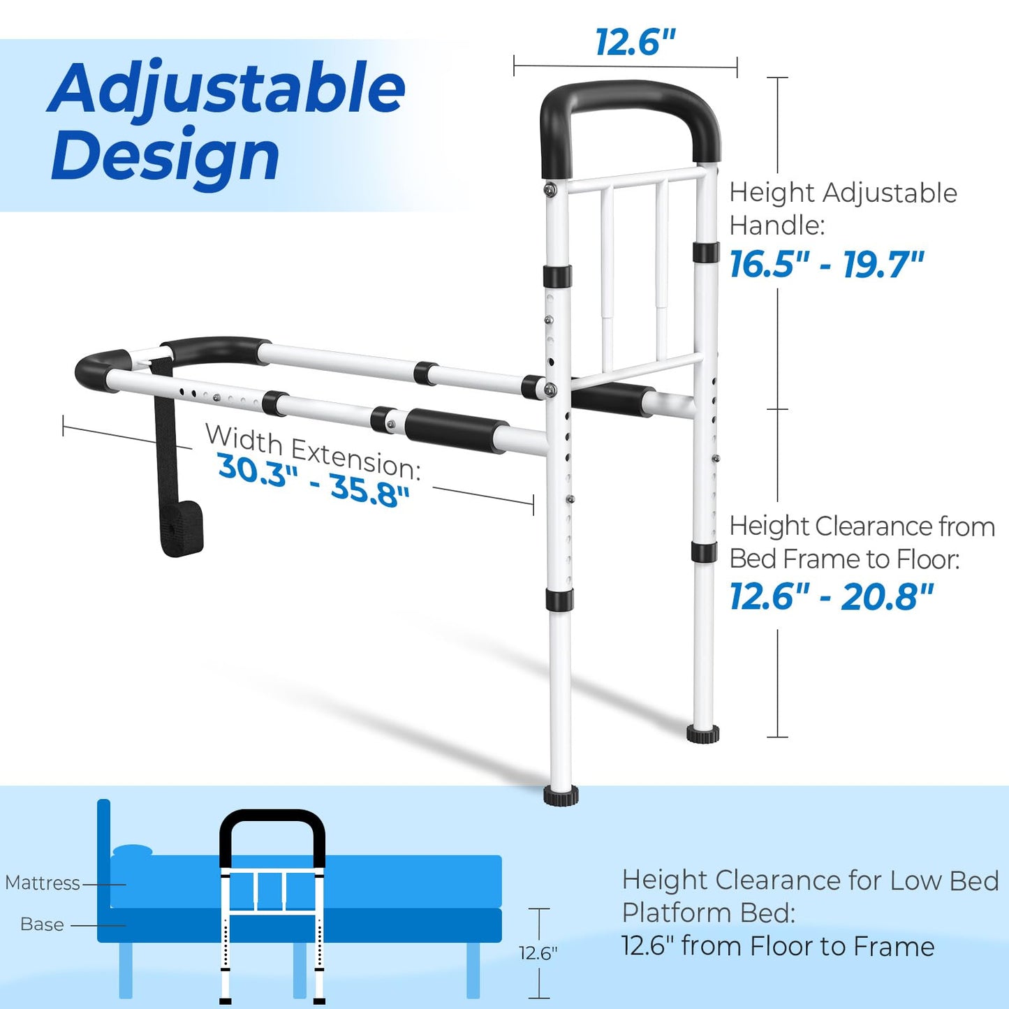BigDolphin Bed Rails for Elderly Adults Safety - ASTM Approved Adjustable Bed Cane Supports 350LBS with Non-Slip Grip & Storage Pocket, Stable Bed Assist Rails for Seniors, Tool-Free