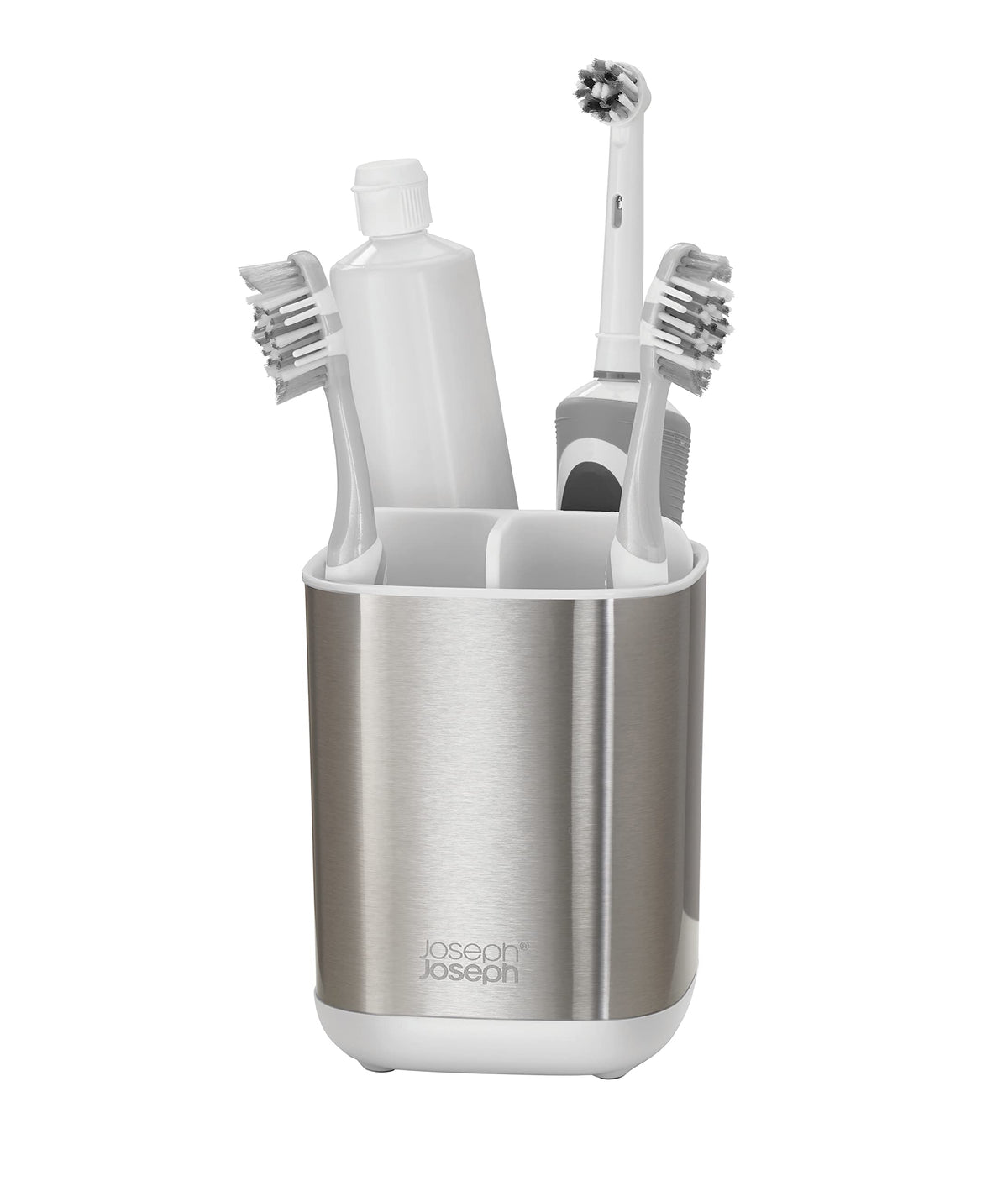 Joseph Joseph EasyStore Stainless-Steel Toothbrush Holder Bathroom Storage Countertop Organizer Caddy, Small