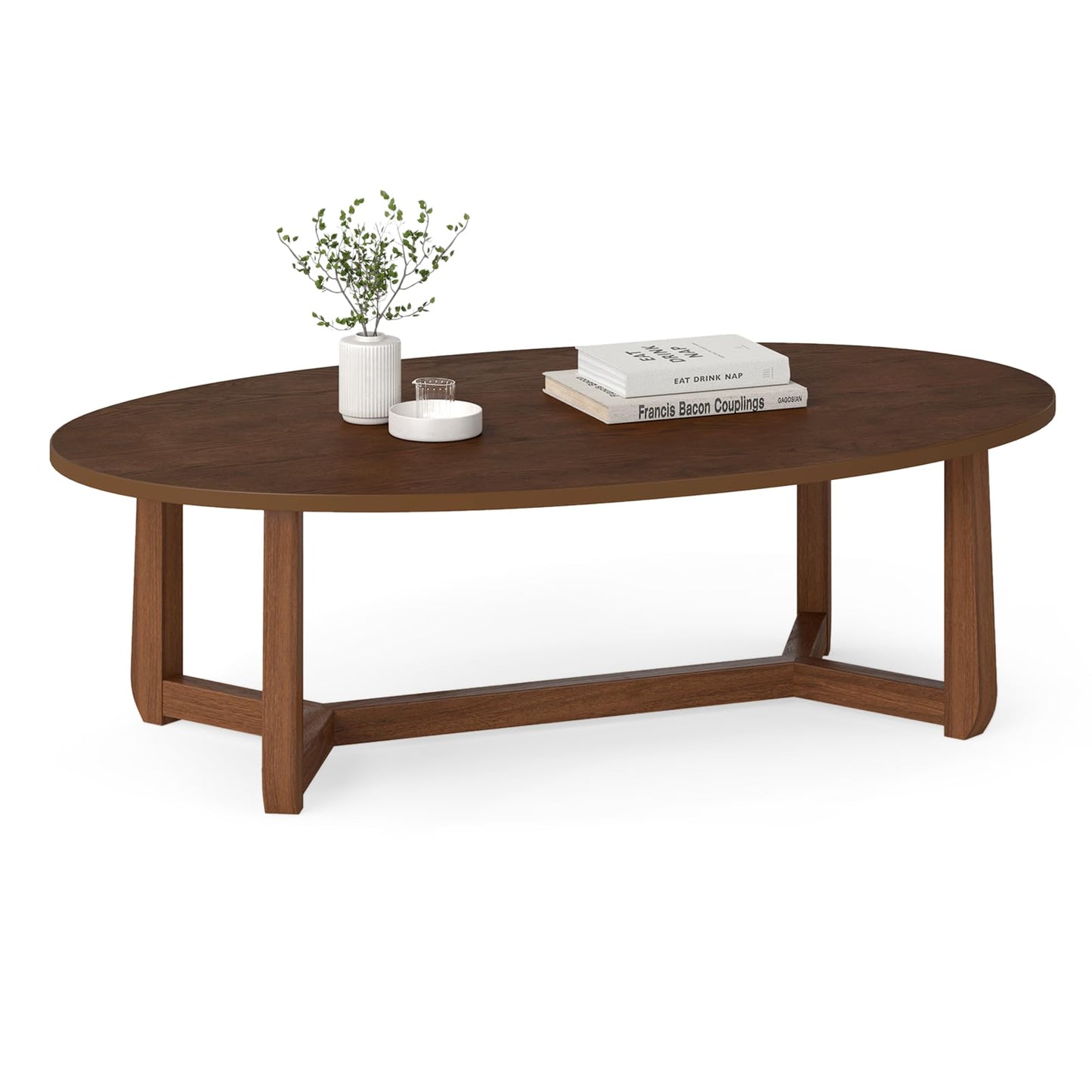 POWERSTONE Oval Coffee Table, 46'' Wooden Center Table, Low Profile Modern Living Room Table for Home, Reception, Office, Small Space, Walnut