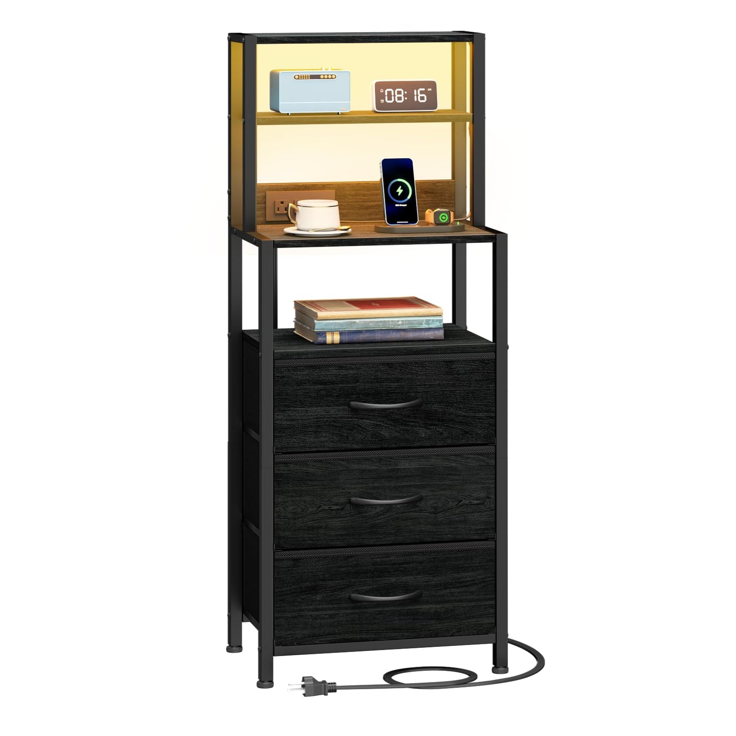 Furnulem Night Stand, Tall Nightstand with 4-Tier Shelves and 3 Fabric Drawers, LED Bed Side Tables with Charging Station, Bedside Table for Bedroom, Hallway, Home Office, Black Oak