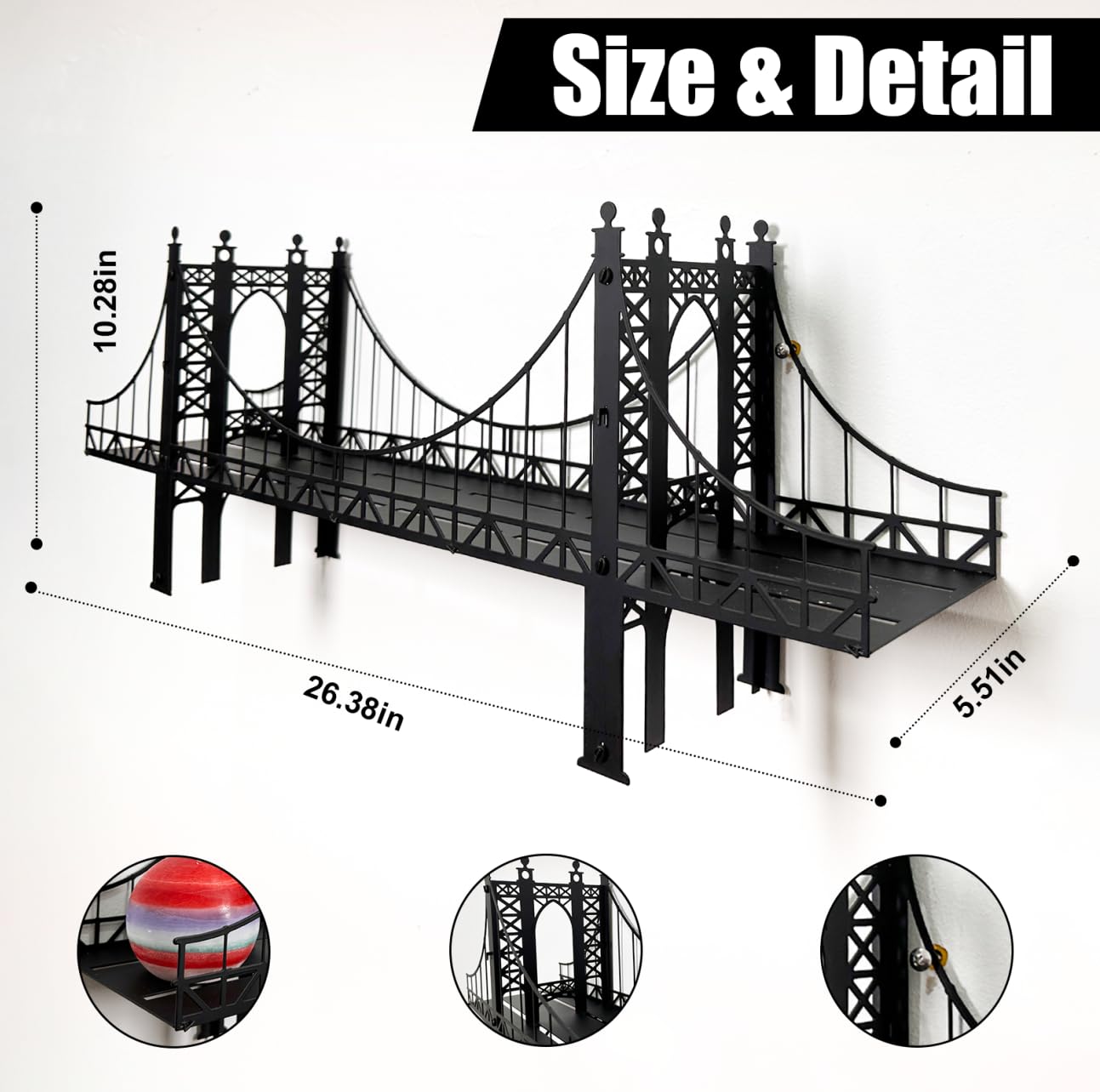 Suspension Bridge Wall Mounted Bookshelf, Black Metal Bridge Design, 26.38 x 10.28 x 5.51 inches