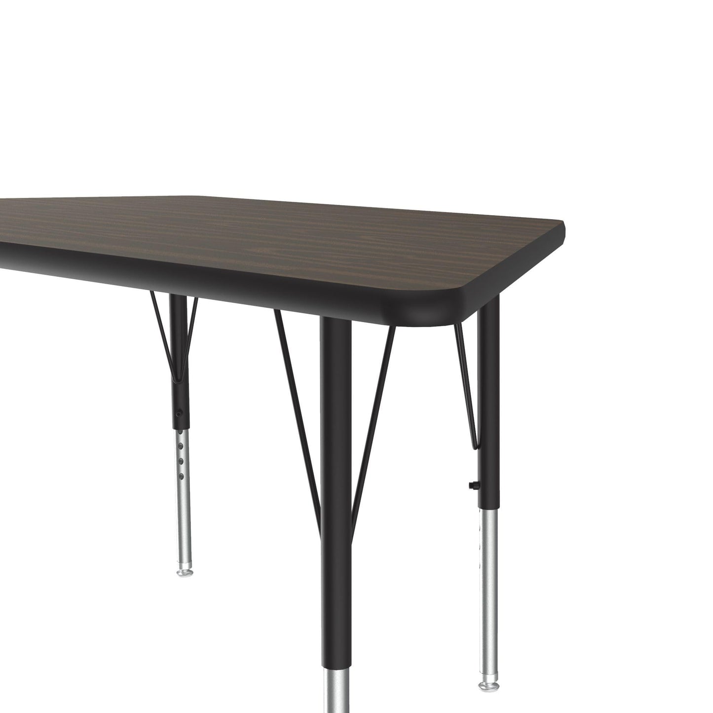 Correll 30"x60" Trapezoid Shaped Econoline Classroom Activity Table, Walnut Melamine Top, Height Adjustable (19"-29"), Black/Chrome Legs, School Furniture, Made in The USA