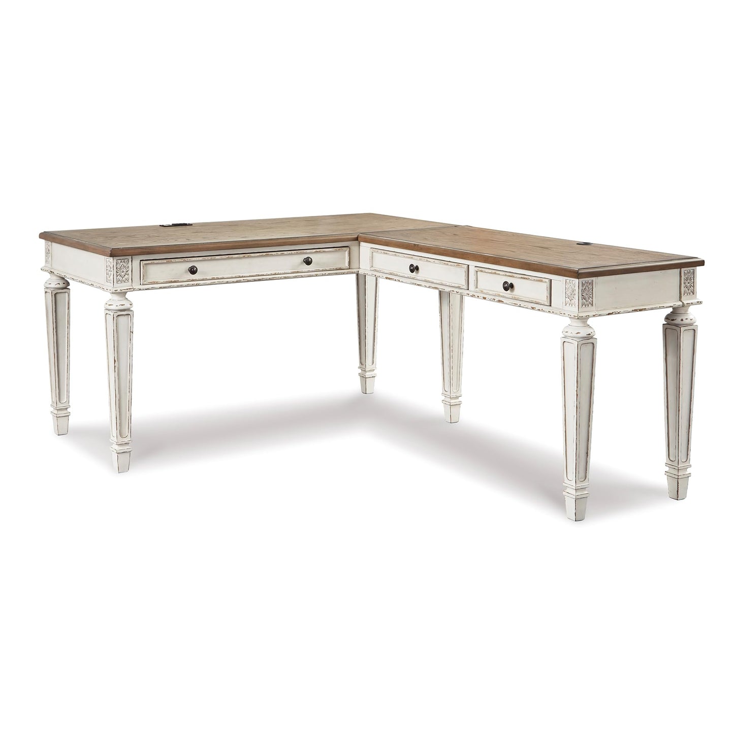 Signature Design by Ashley Realyn French Country 2-Piece Home Office Desk with Return, Built-in USB Port, Keyboard Tray and Drawer, Medium Brown & Antiqued White