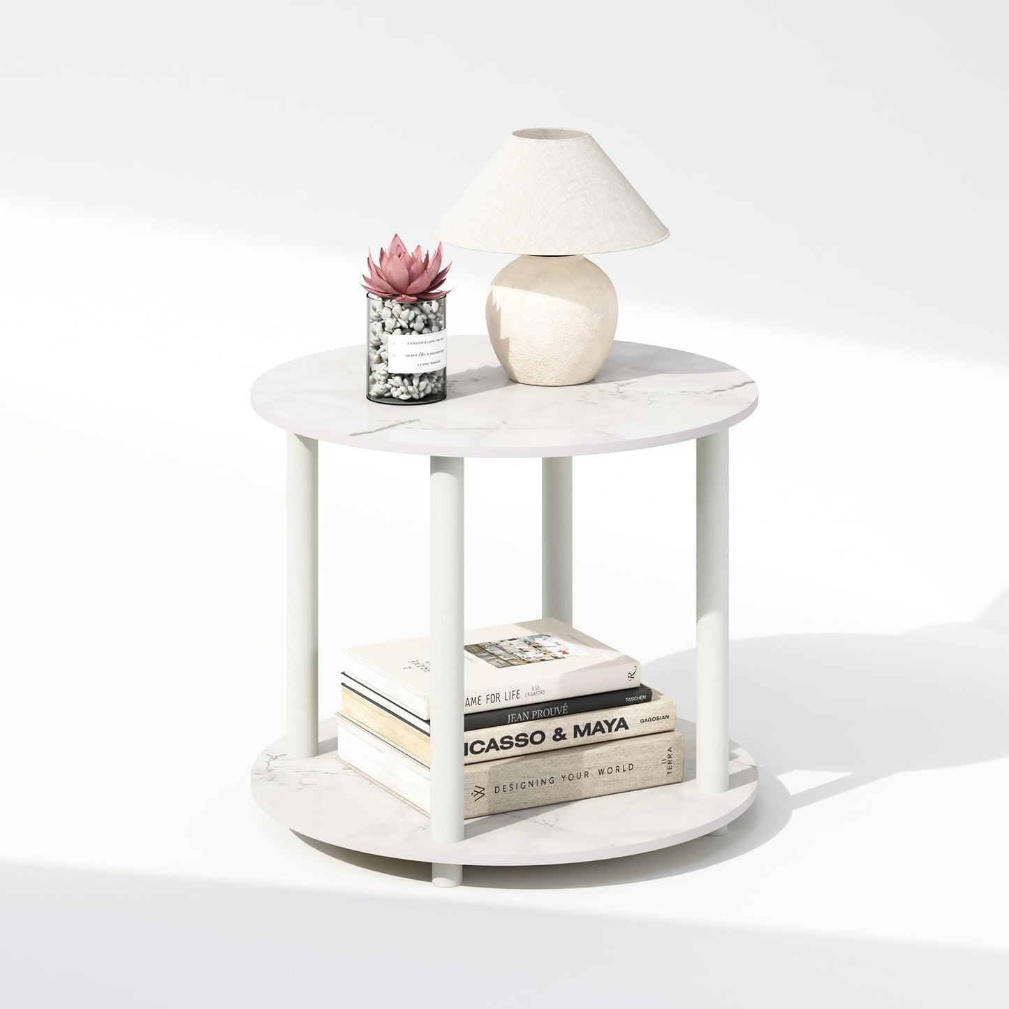 Furinno Turn-N-Tube Side Table, 2-Tier Round End Table with Open Shelf, Night Stand, Bedside Table, Toolless Assembly, for Living Room, Bedroom, Marble White