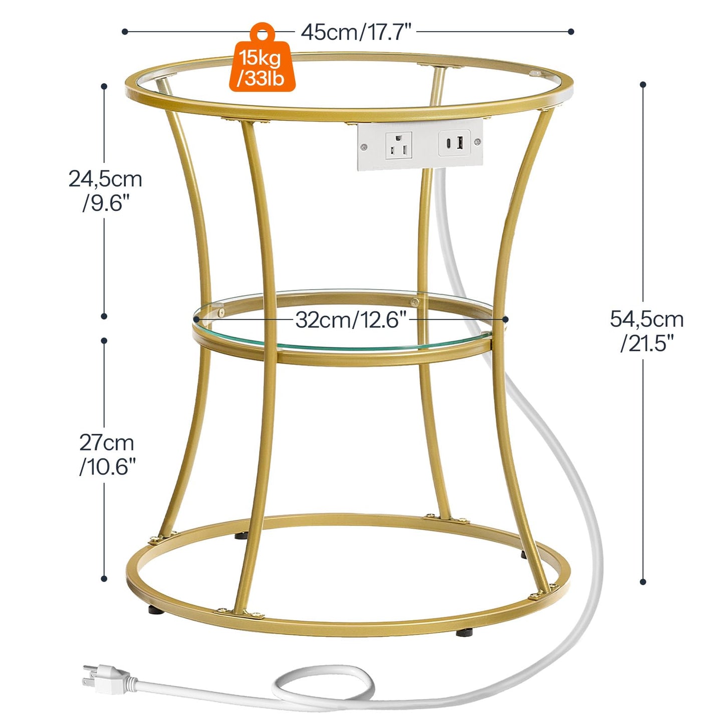 HOOBRO Round Coffee End Table with Charging Station, 2-Tier Small Accent Side Table with Glass Tabletop, Round Nightstand for Small Space in Living Room, Bedroom, Gold GD83UBZ01