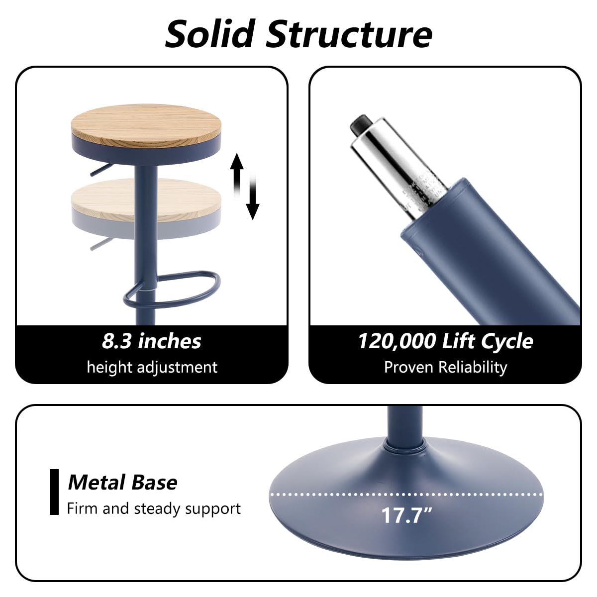 Kidol & Shellder Bar Stools Set of 2 Round Adjustable Swivel Barstools Modern Backless Bar Chairs Wooden Seat Counter Height Stools Armless for Kitchen Island, Cafe, Dining Room Blue