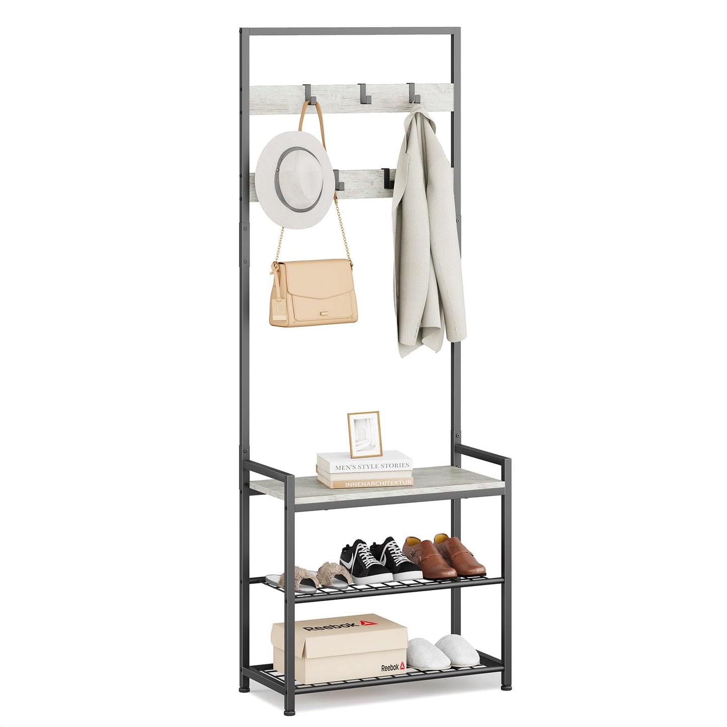 Hall Tree with Shoe Storage Bench - Entryway Bench with Coat Rack and Hooks - 3-in-1 Small Hall Tree for Entry Way, Entrance, Hallway, Doorway, Front Door, Mudroom, Small Space - Greige