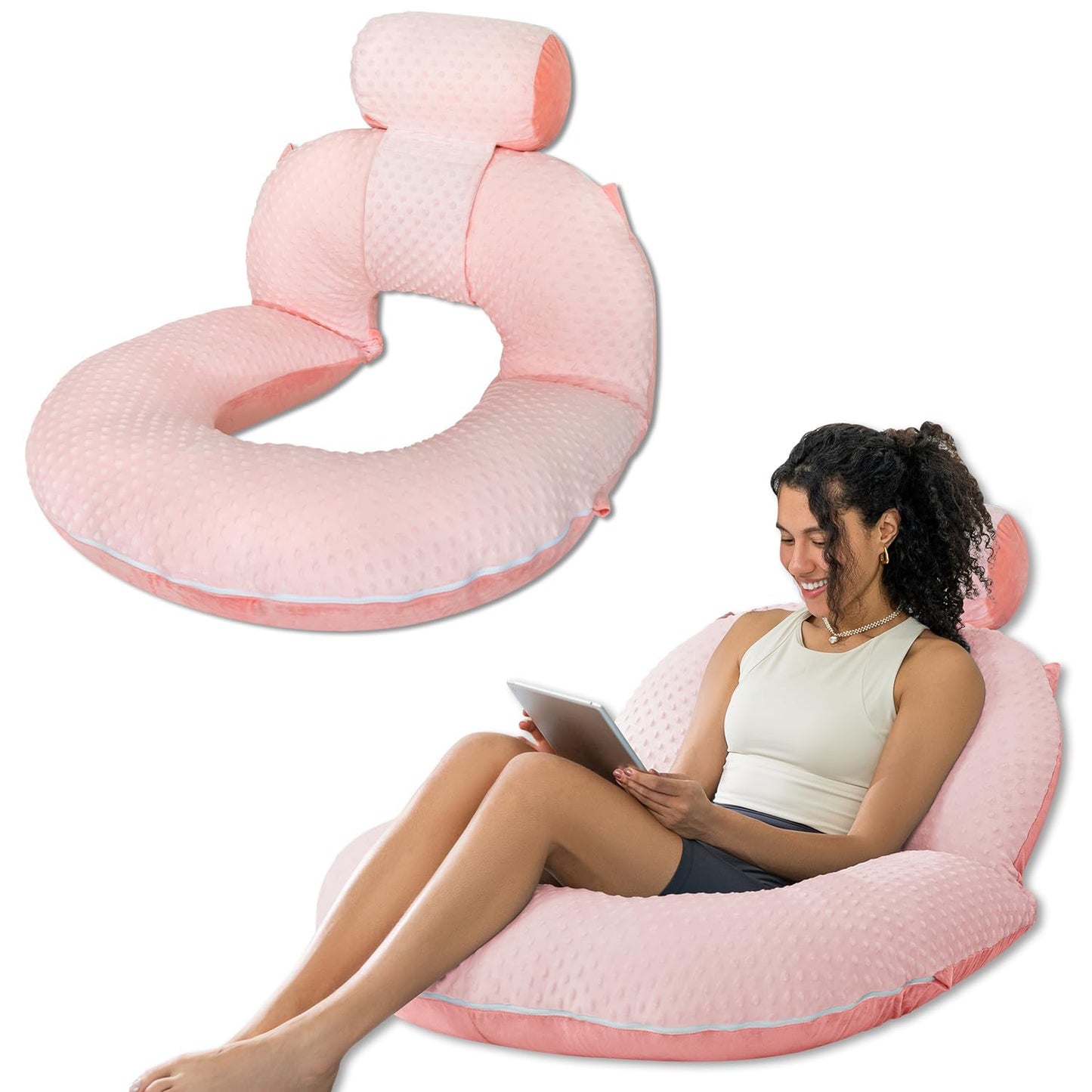 INSEN Reading Pillow, Back Pillow for Sitting in Bed for Reading, Nurse & Relax, Reading Pillow for Adults, Moms & Kids, Sit Up Pillow for Bed, Double-Sided Pink