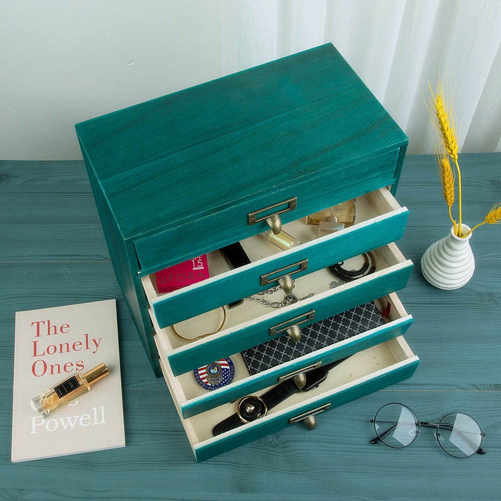 GoooodGIFT Small Wooden Drawers Rustic Desk Organizers and Accessories Wooden Storage Box with Drawers Desktop Storage Library Card Catalog Cabinet School Supply Storage Apothecary Cabinet(S-BLUE)
