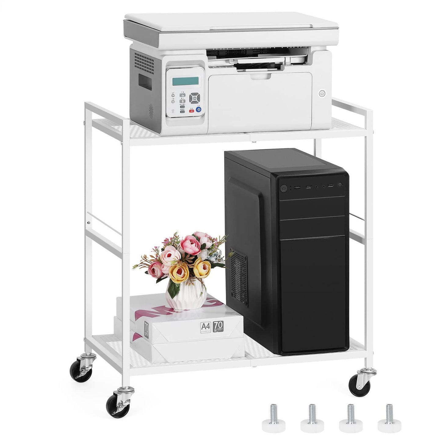 OYEAL Computer Tower Stand, PC Tower Stand Metal Rolling Cart Holds up to 40lbs, 2 Tier Mobile Printer Stand with Storage Under Desk for Home & Office, White