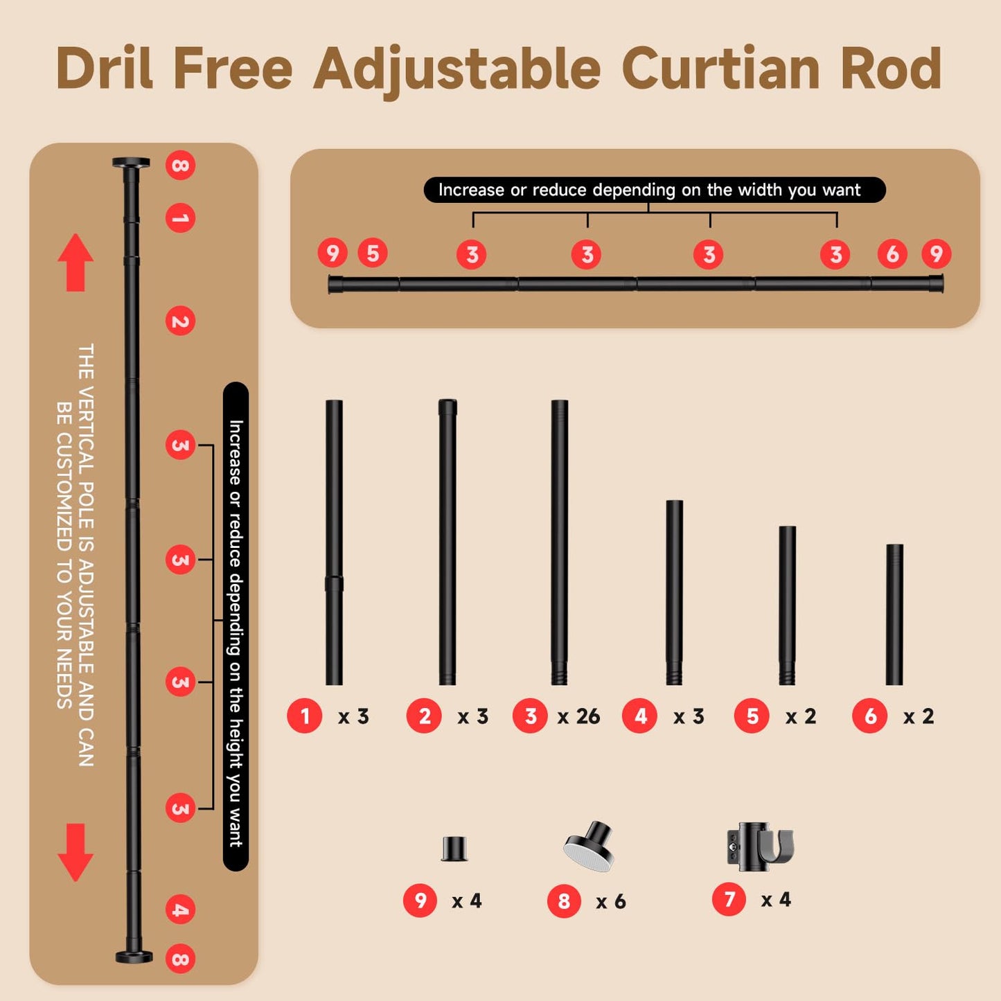 Room Divider for Room Separation (43-145in W), Curtain Rods No Drilling for Bedroom, Freestanding Room Divider Panel Tension Rod, Wall Divider Privacy Screen Partition for Space Separator, Drill Free