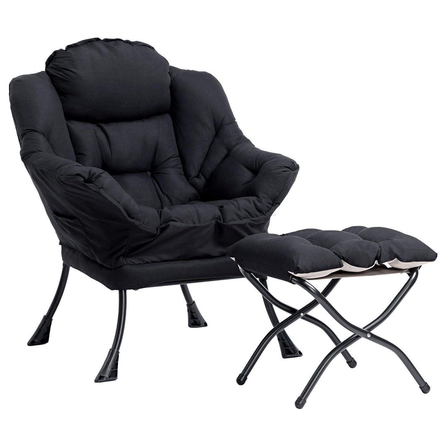 HollyHOME Lazy Chair with Foldable Ottoman, Accent Comfy Lounge Armchair and Folding Footrest Stool, Leisure Sofa Reading Chair and Footstool for Living Room, Bedroom, Dorm,Black
