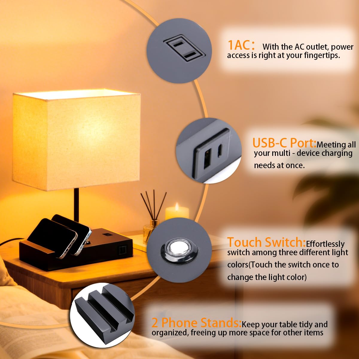 HoperBriwght Touch Nightstand Lamp with USB C Port for Bedroom, Bedside Lamps with Charging Station, Small Table Lamp with Charging Outlets and Phone Stands Bulb Included (Black)