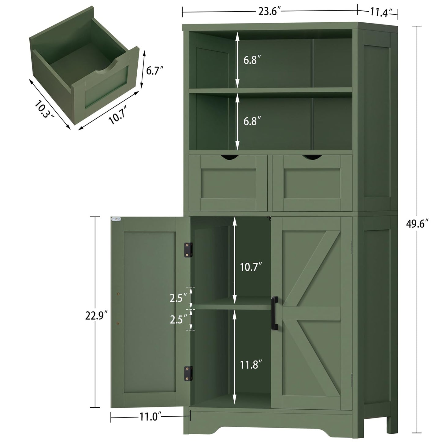 TEENFON Bathroom Cabinet with Adjustable Shelf & 2 Drawers, Farmhouse Storage Cabinet with 2 Doors, Kitchen Storage Cabinets for Living Room, Entryway, Home Office, Forest Green