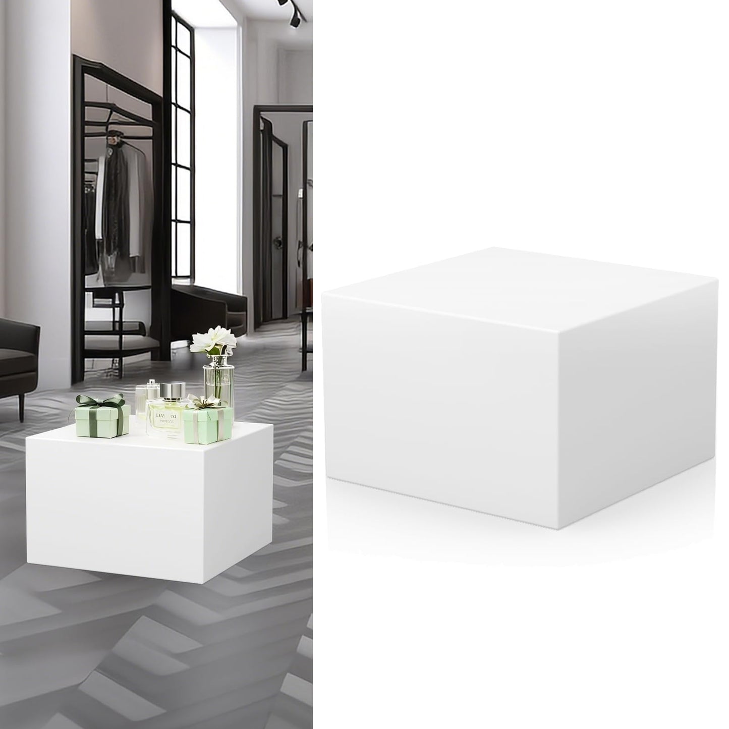 XHKJYSDP Cube Display Pedestal Stand for Bridal Shop, Square White Display Risers Columns, Party Event Decor Platform Base Showcase for Model Jewelry Clothing Shop Home Exhibition (11.8*11.8*7.87in)