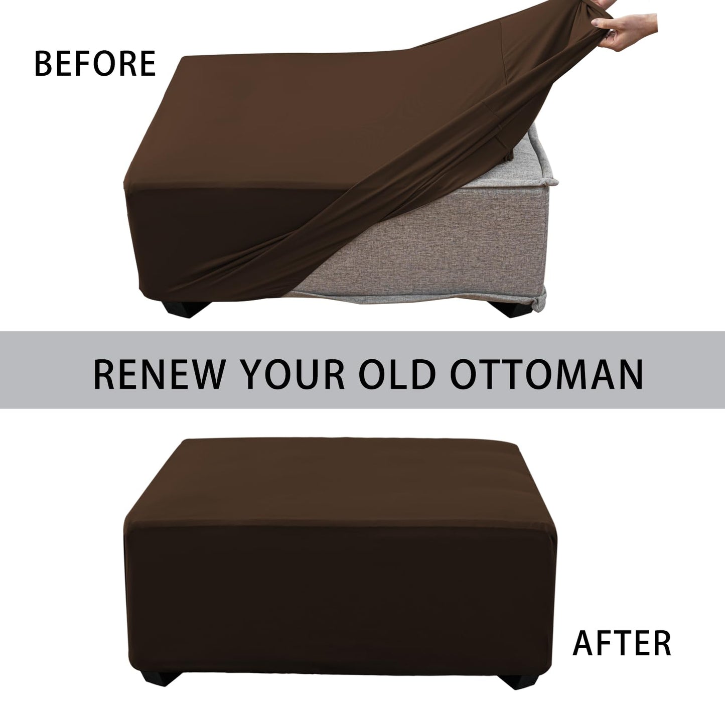 UOIJAY Super Stretch Ottoman Cover- Soft Form Fit Ottoman Cover Rectangular Ottoman Slipcovers for Folding Storage Furniture, Footstool Cover with Nonslip Elastic Bottom (Large, Chocolate)