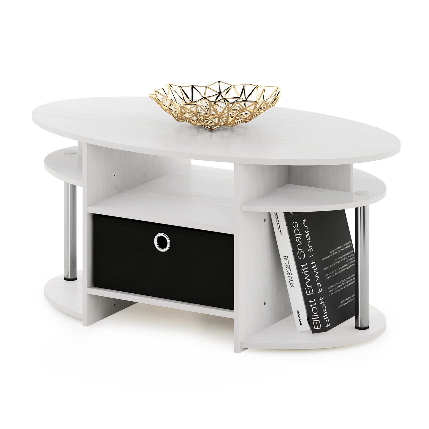 Furinno Jaya Oval Modern White Coffee Table with Side Shelves and Storage Bin, Side Table with Shelf, for Living Room, Bedroom, Home Office, White Wood/Stainless Steel