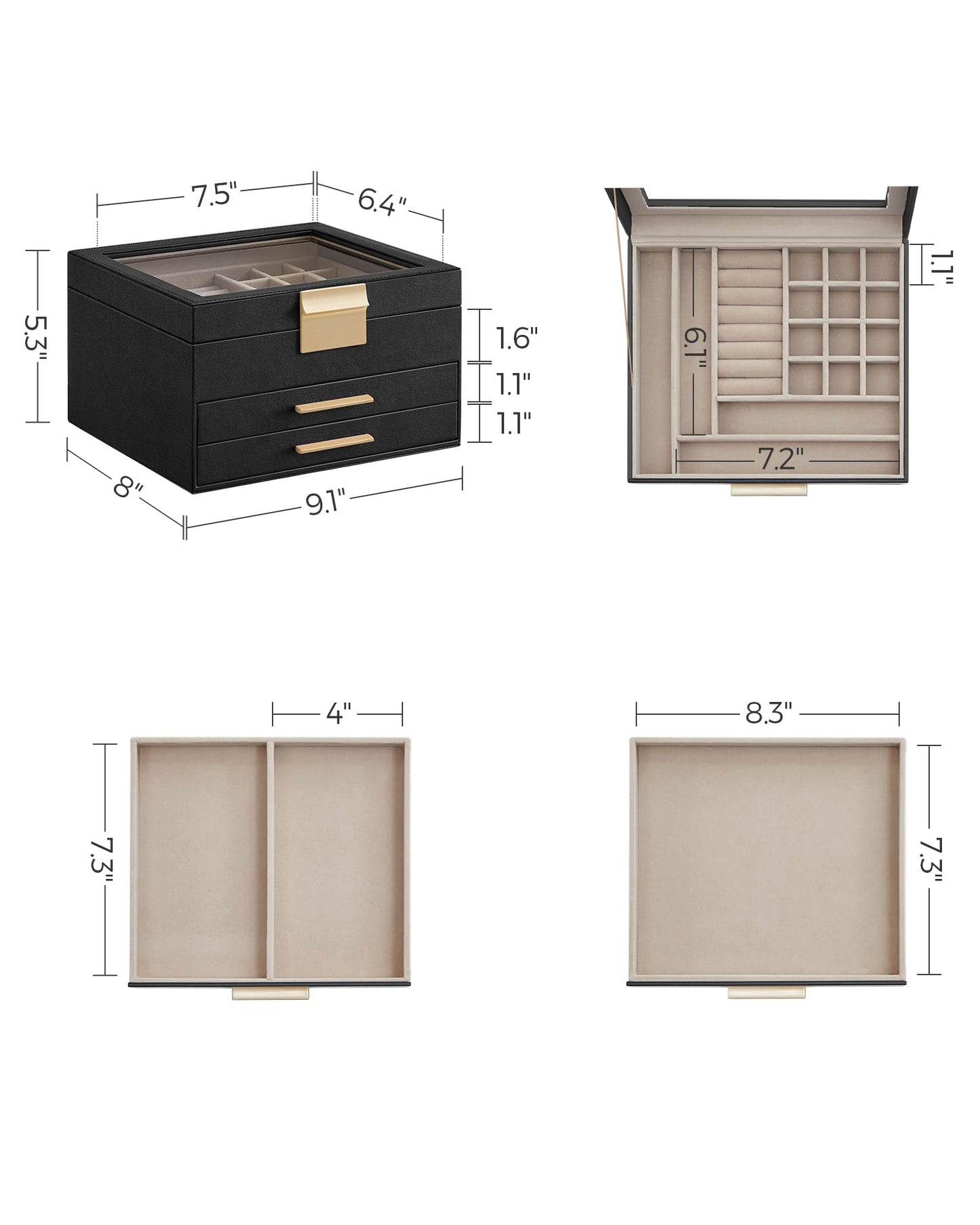 SONGMICS GISELLA Collection - Jewelry Box Organizer, 3-Layer Jewelry Storage with 2 Drawers, Shiny Metal Hardware, Glass Lid, Modern, 8 x 9.1 x 5.3 Inches, Graphite Black and Gold Color UJBC239B03