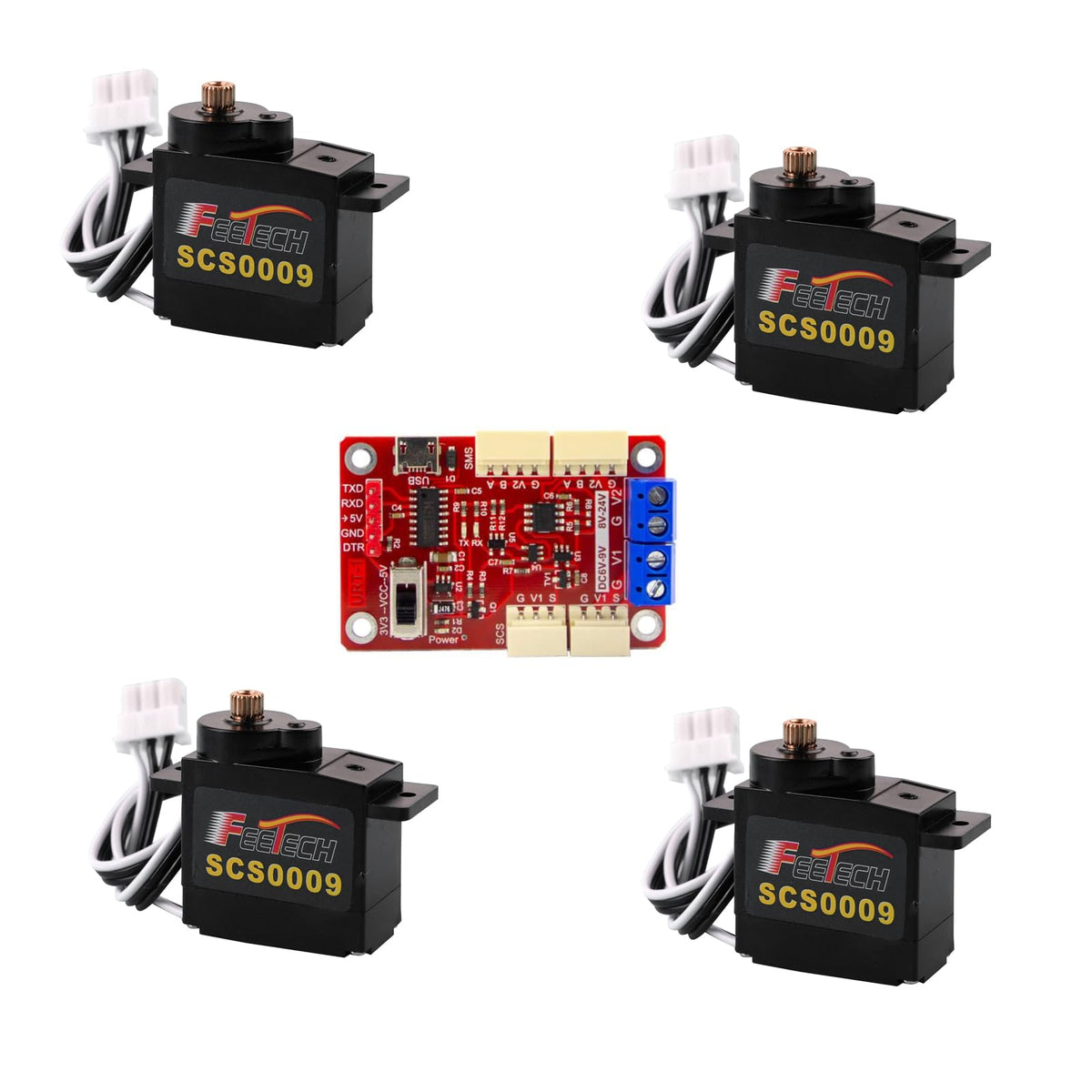 RCmall SCS0009 Serial Bus Servo Kit SCS0009 2.3KG Micro Servo Metal Gear w/300° Encoder TTL/RS485 for Robot Arm, RC Helicopter, Arduino, STEAM (4 Servos+1signal Conversion Board)