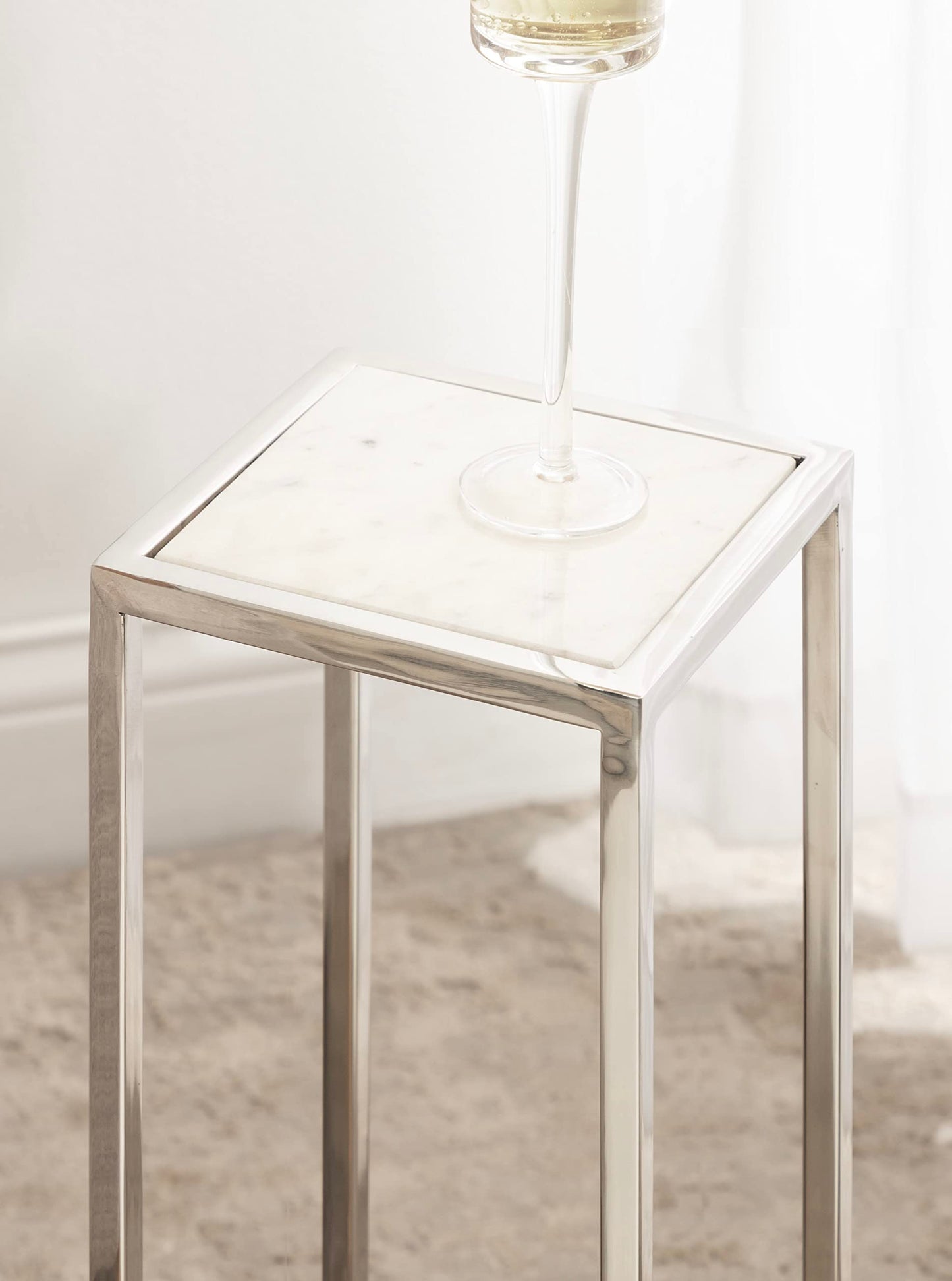 Kate and Laurel Jaspur Modern Glam Drink Table, 7 x 7 x 21, White and Silver, Decorative Metal and Marble Accent Martini Cocktail Table for Display and Storage