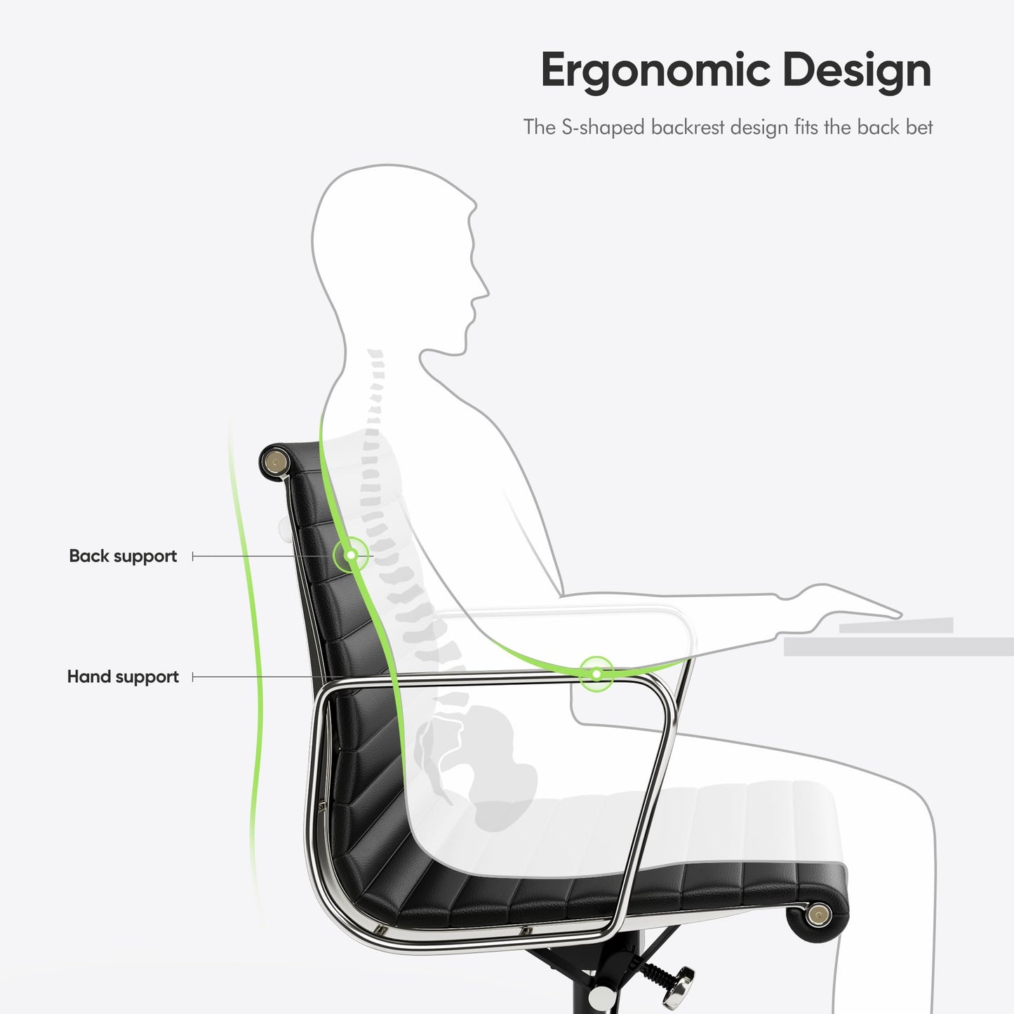 OTDMEL Ribbed Office Chair with Top Grain Leather - Mid Back Ergonomic Desk Chair with Aluminum Arm Rest and 5-Star Base, Swivel Chairs Black
