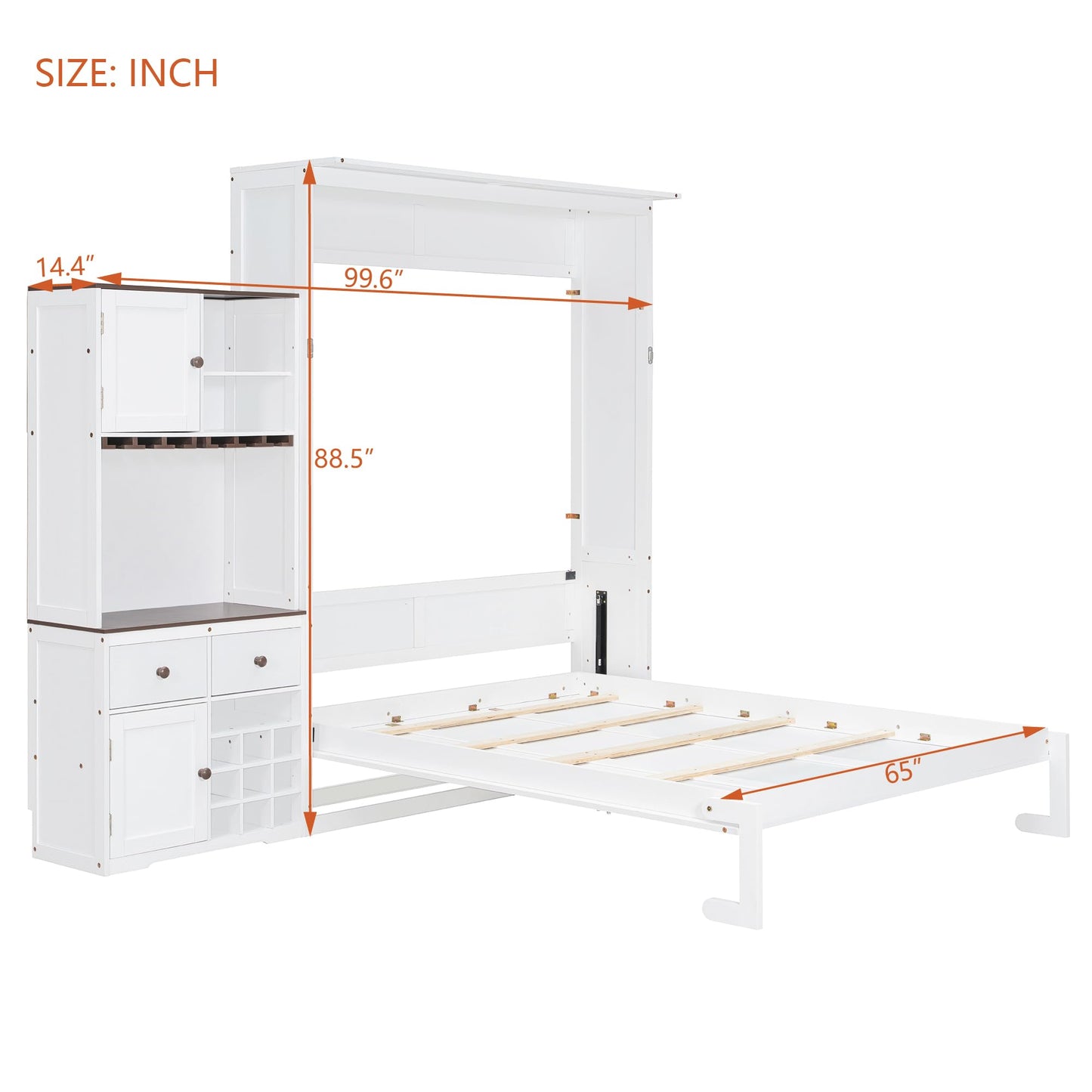 Filtome Queen Size Murphy Bed with Storage Cabinet, Wine Rack, Glass Holder, Drawers and Multi-Color Led Strip, White
