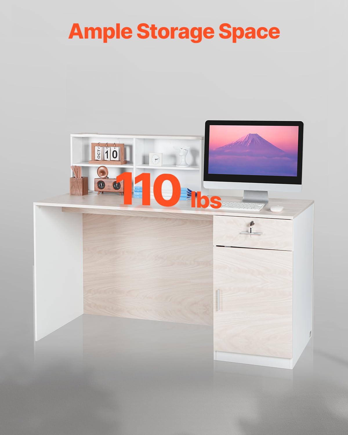 VEVOR Reception Desk, 55 Inch Rectangular Front Counter Table, Office Reception Counter with Lockable Drawer and Storage Cabinet, for Checkout, Lobby, Beauty Salon and Office, Natural