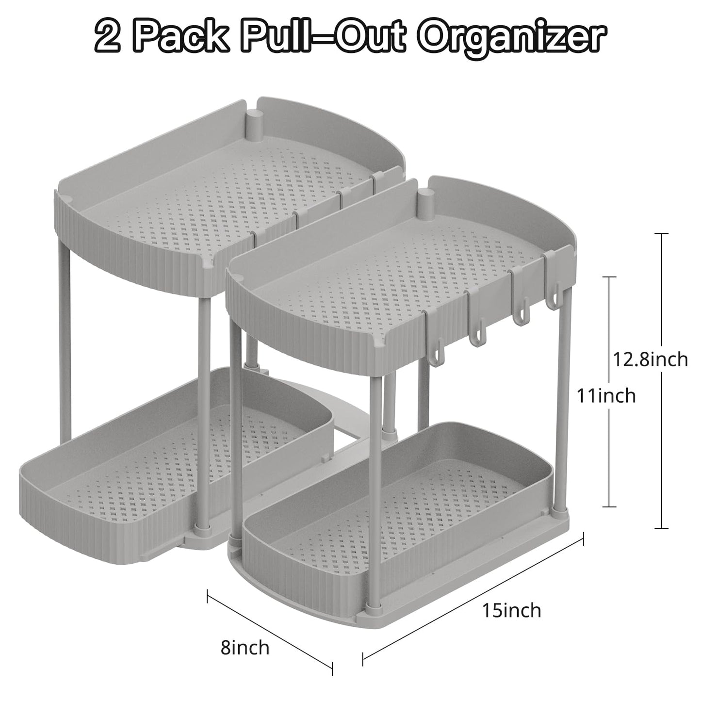 Ukeetap 2 Pack Multi-Purpose Pull-Out Storage Organizers, Under Sink Organizers and Storage for Bathroom & Kitchen, Under Cabinet Organizers and storage, 12.8 Inch, Grey