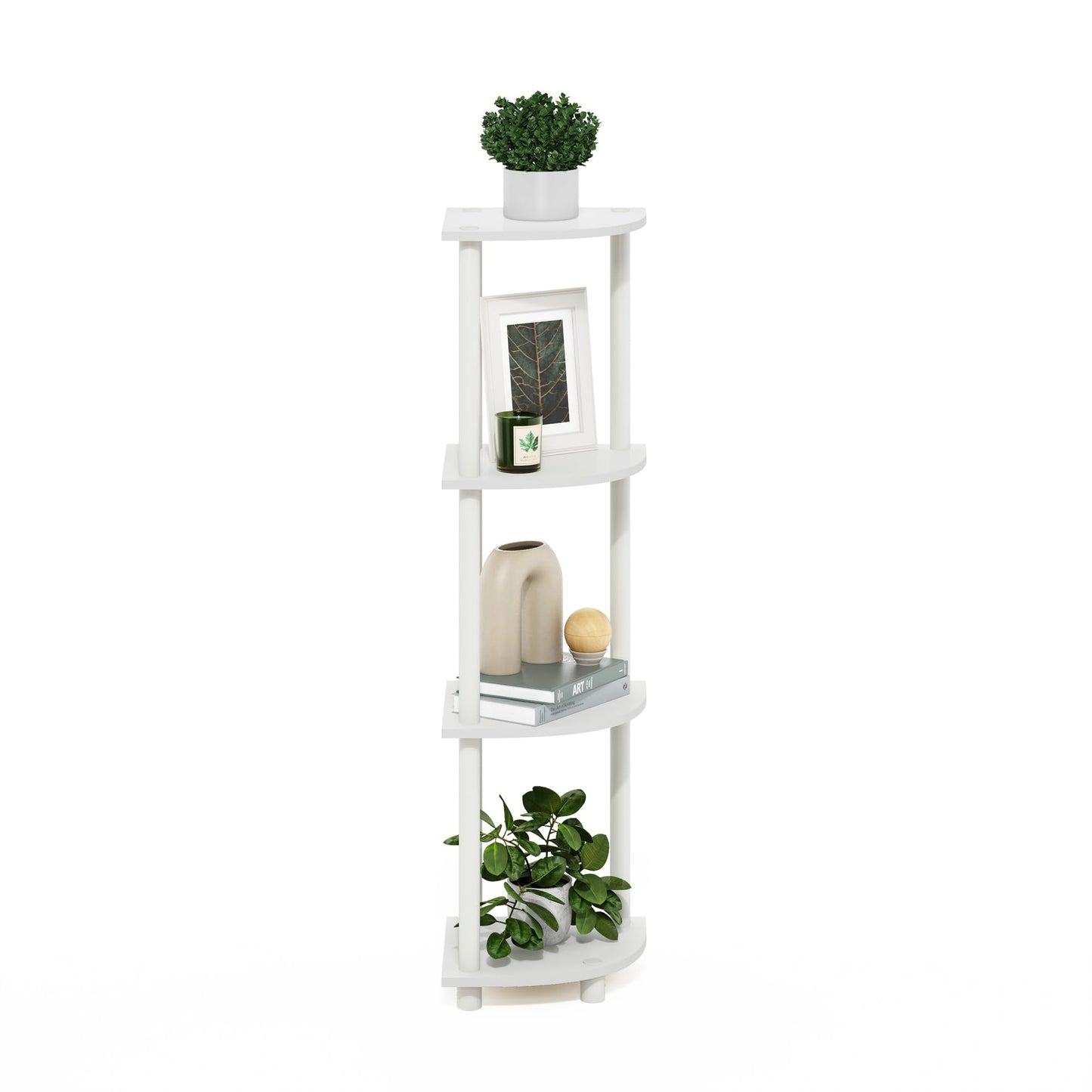 Furinno Turn-N-Tube Corner Shelf, 4-Tier Corner Bookshelf, Display Storage Shelves with Open Shelves, for Organization and Storage, Living Room, Home Office, Garage, White