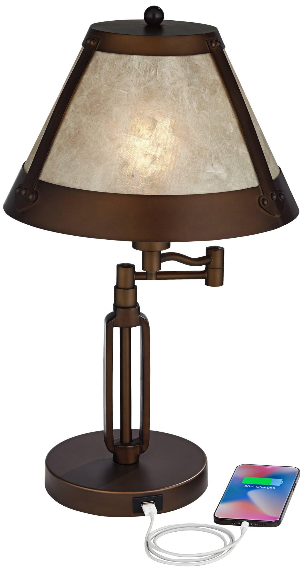Franklin Iron Works Samuel 21 1/4" High Small Farmhouse Rustic Traditional Desk Lamps Set of 2 USB Port Swing Arm with Socket Brown Bronze Finish Metal Shade Home Office Living Room Charging Bedroom