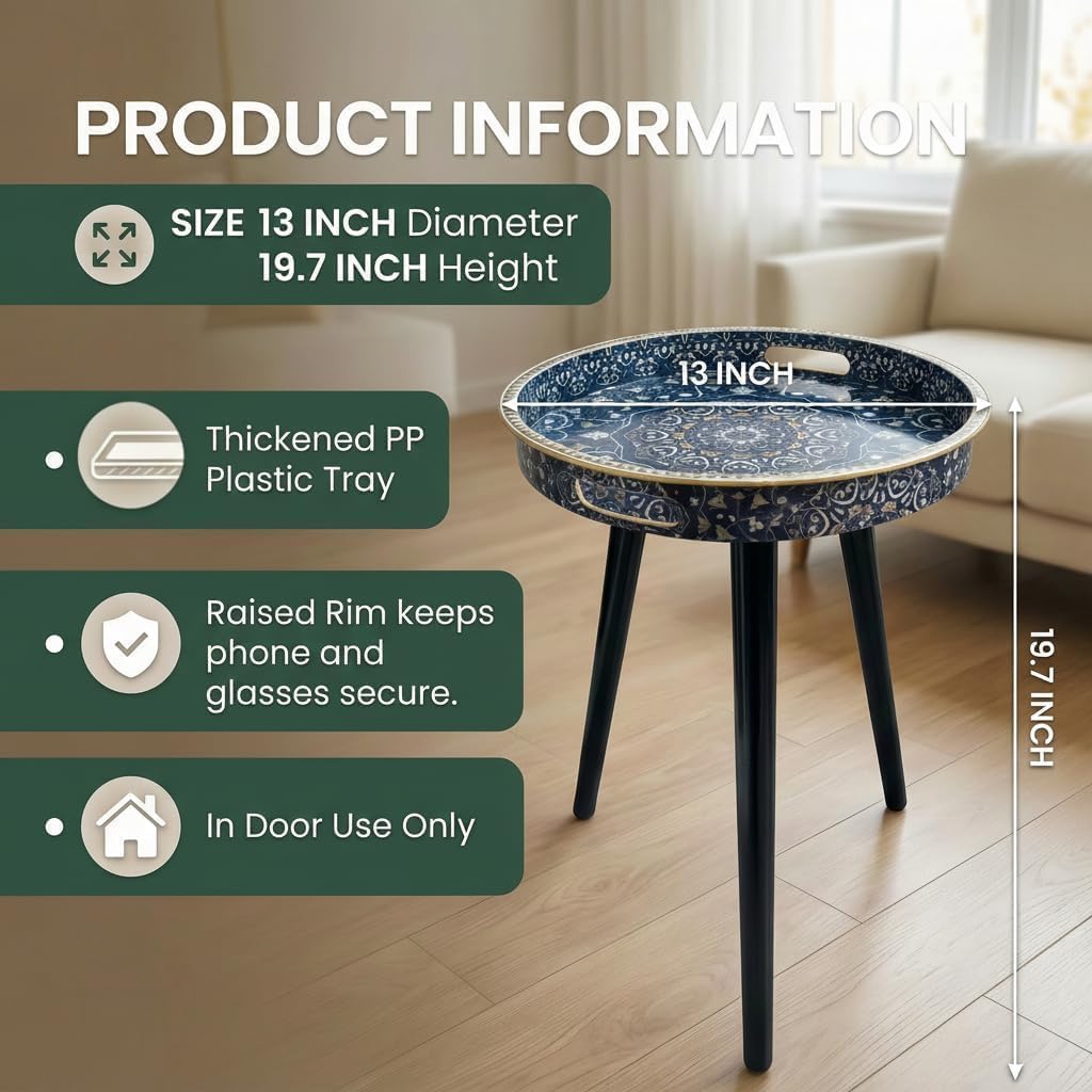 Zosenley Round Indoor Side Tables with Detachable Wooden 3 Legs, Versatile Tray Table, Perfect for Round Coffee Table Tea, and Relaxation Time 17.7 Inch (33 Blue Maze)
