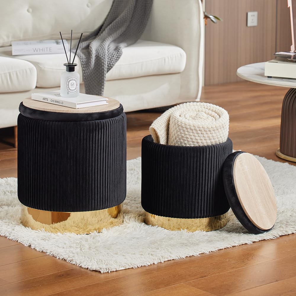 2BYF Round Ottoman with Storage Set of 2 Upholstered Velvet Vanity Stool for Living Room Storage Ottomans Multifunctional Foot Rest (Black with Bottom Gold)