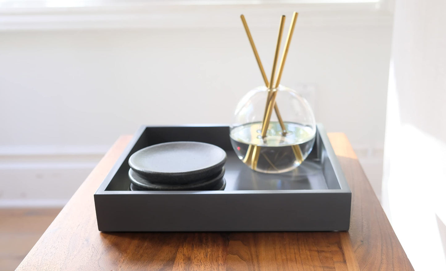 Montecito Home - 10"x10" Small Square Wood Decorative Tray for Office, Ottoman, Bathroom, Entry, Remote Controls, Countertop Organizer, Candle Tray- Charcoal