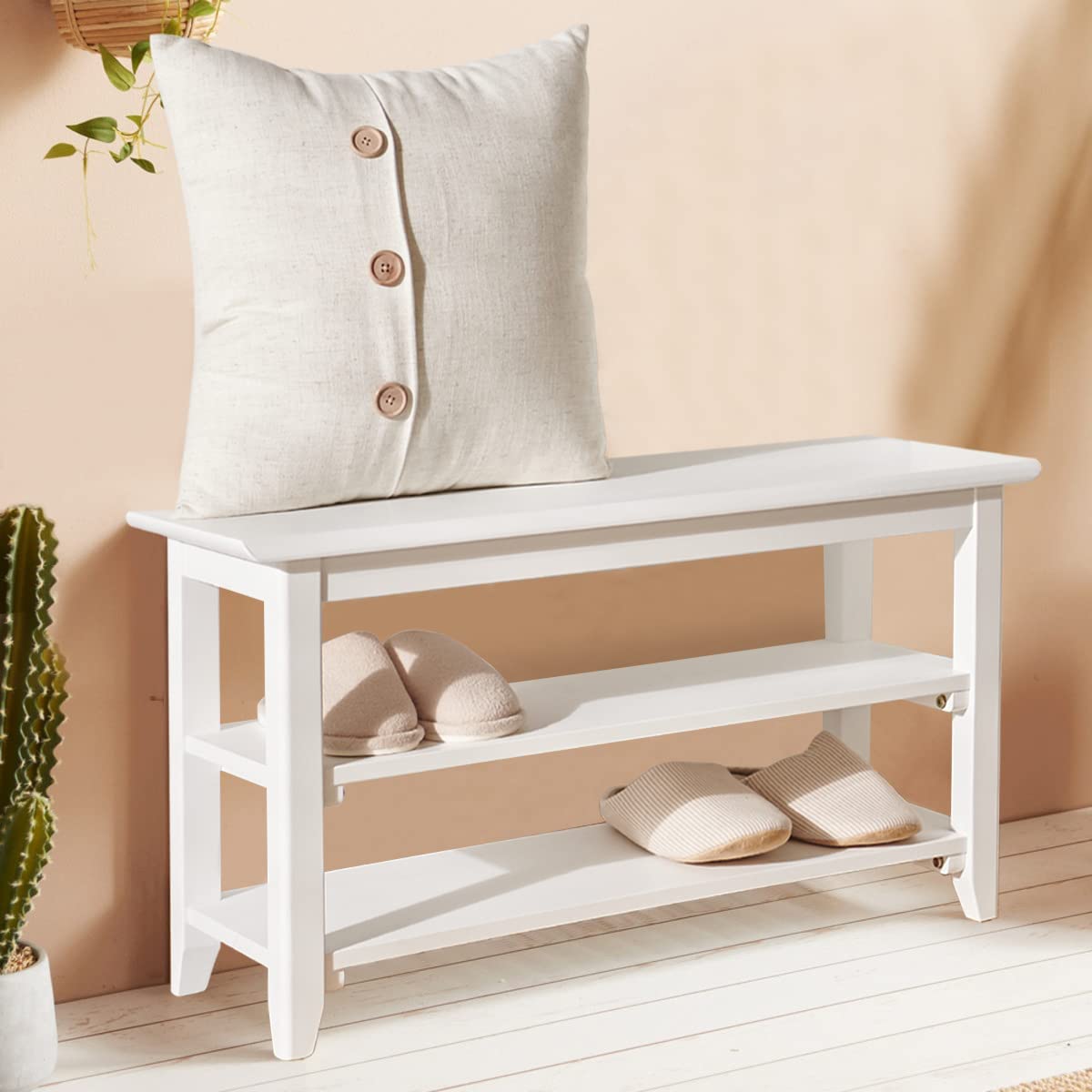 Dewfig Shoe Rack Bench for Entryway with Storage, 32", 3-Tier Wooden Shoe Bench for Hallway, Front Door, Entrance, White